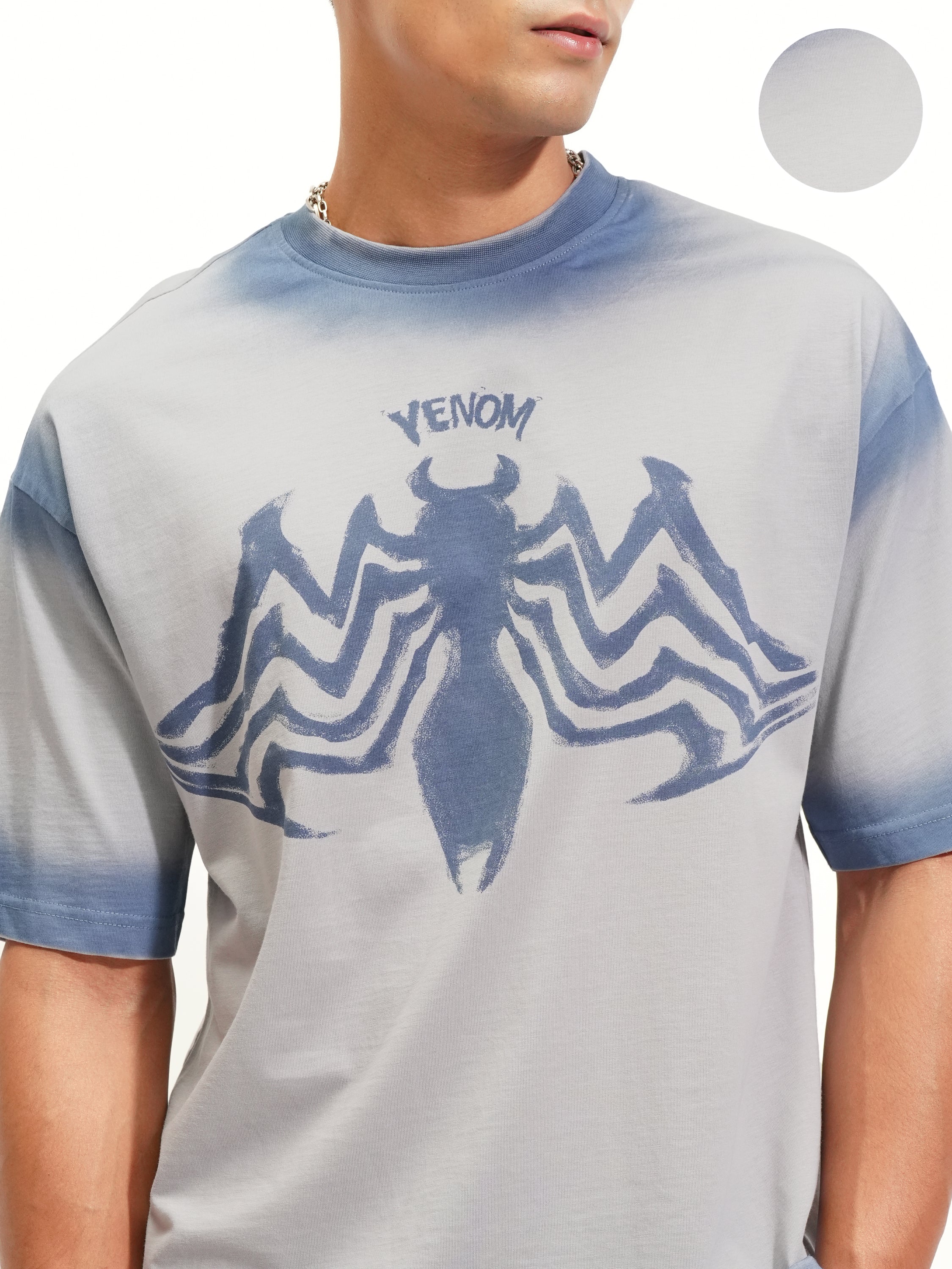 Marvel By Highlander Men Grey Venom Printed Round Neck Oversized Fit T-Shirt - Grey - Image 5