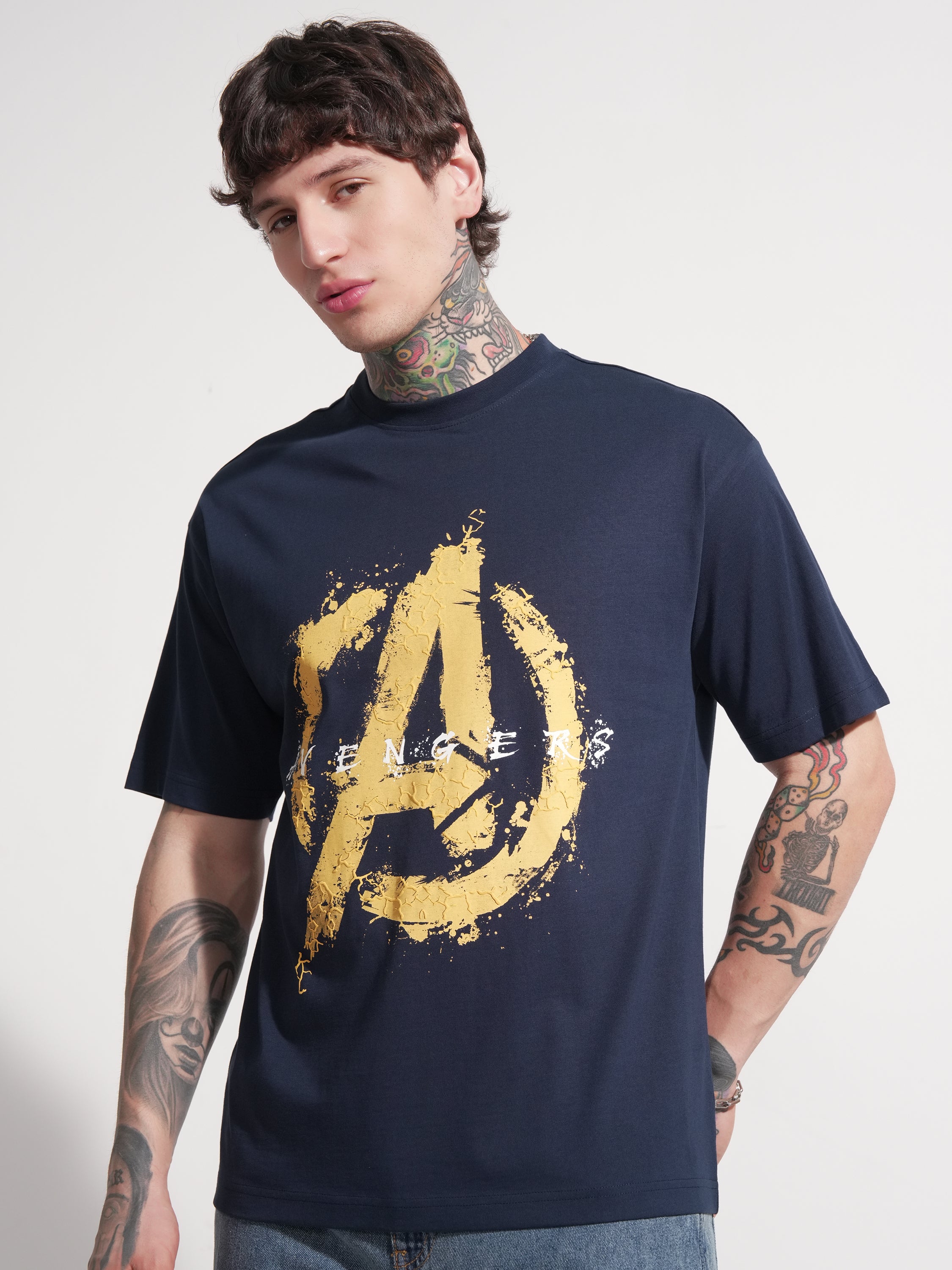 Marvel By Highlander Men Navy Blue Avengers Printed Round Neck T-Shirt - Navy Blue - Image 4