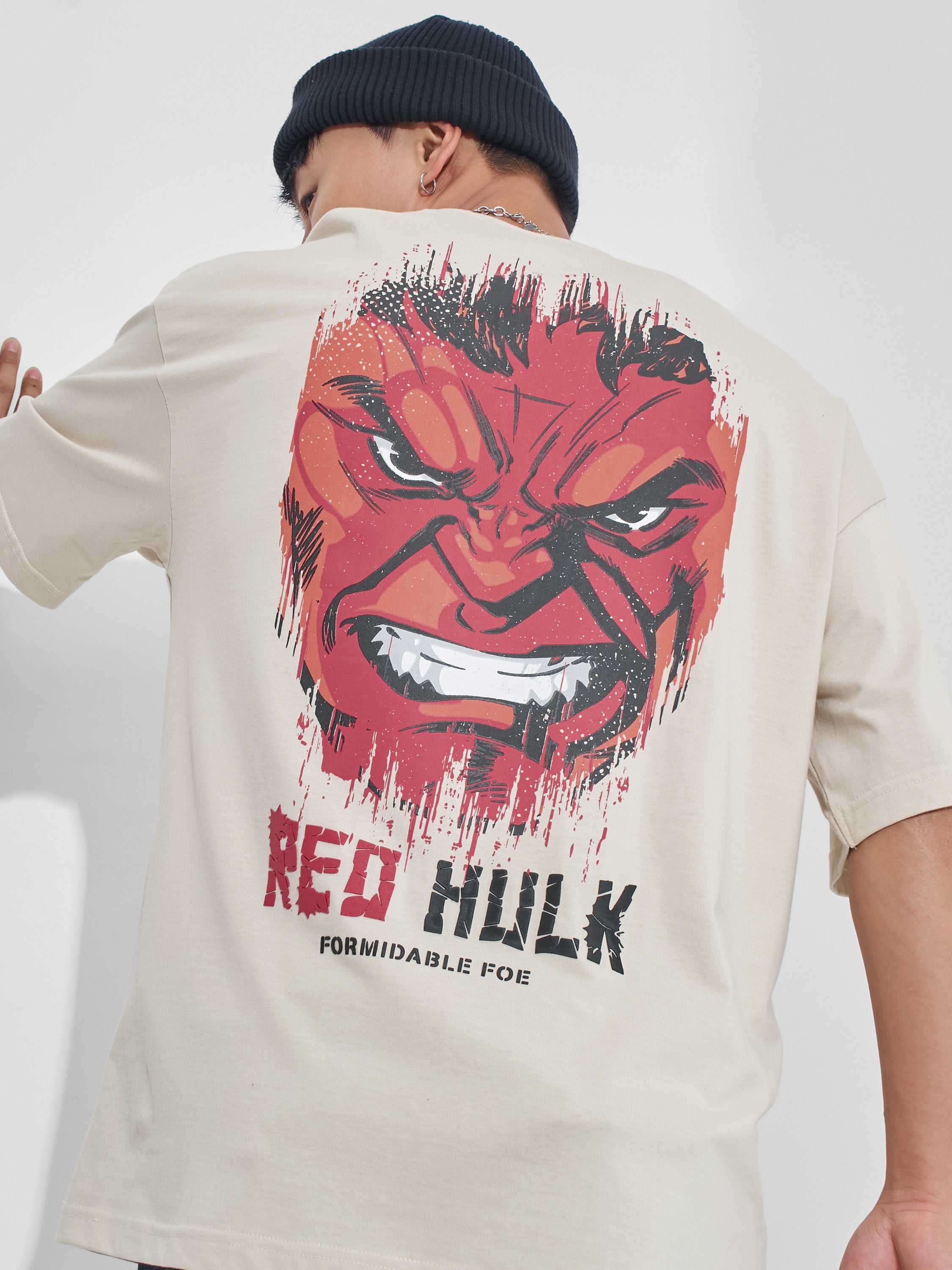 Marvel By Highlander Men Cream Hulk Printed Round Neck Oversized Fit T-Shirt - Cream - Image 1