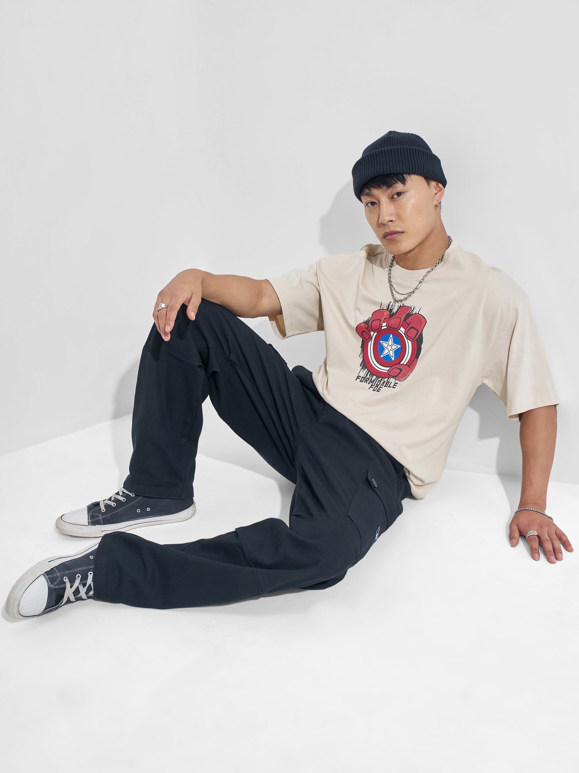 Marvel By Highlander Men Cream Hulk Printed Round Neck Oversized Fit T-Shirt - Cream - Image 2