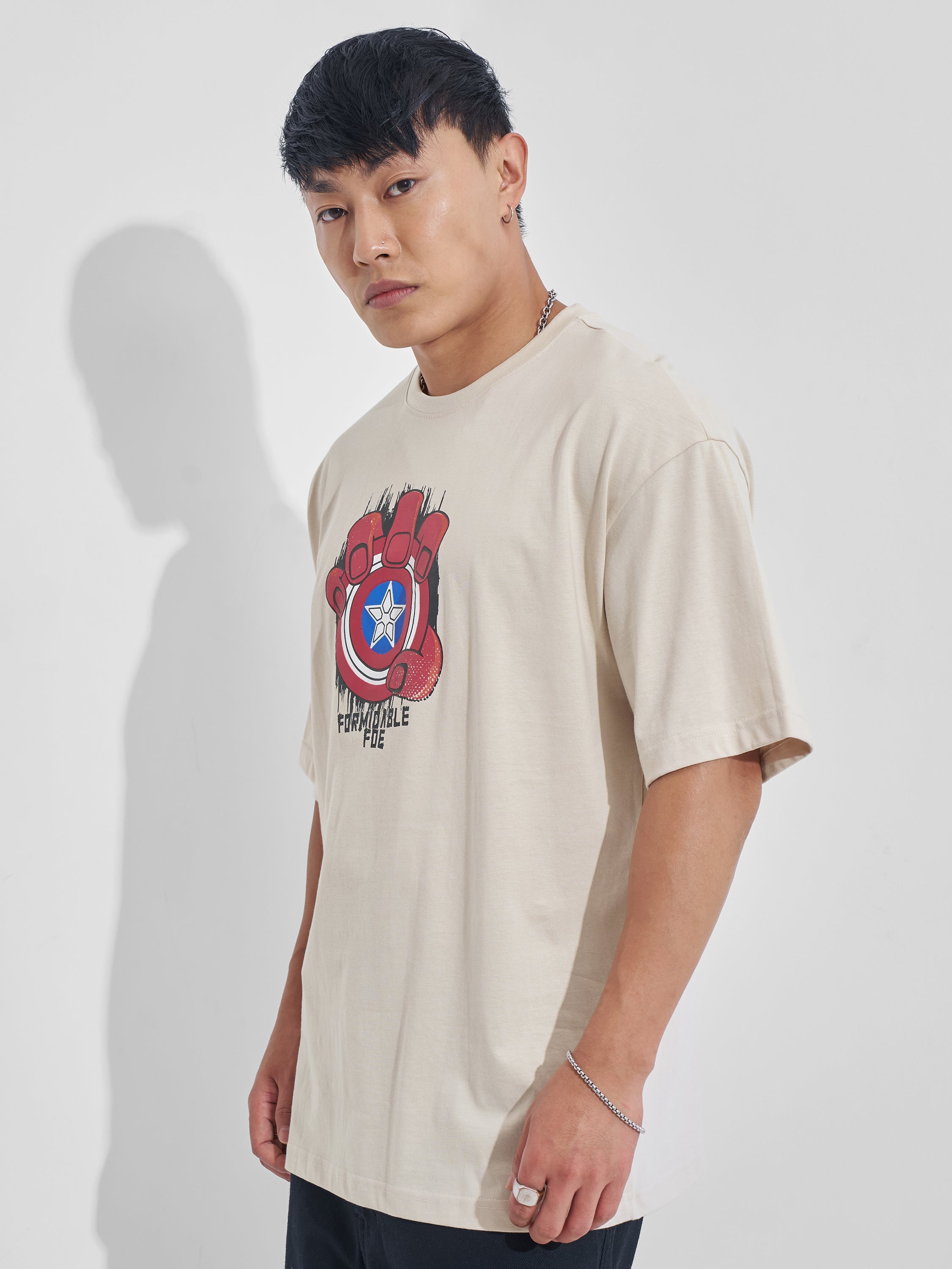 Marvel By Highlander Men Cream Hulk Printed Round Neck Oversized Fit T-Shirt - Cream - Image 4