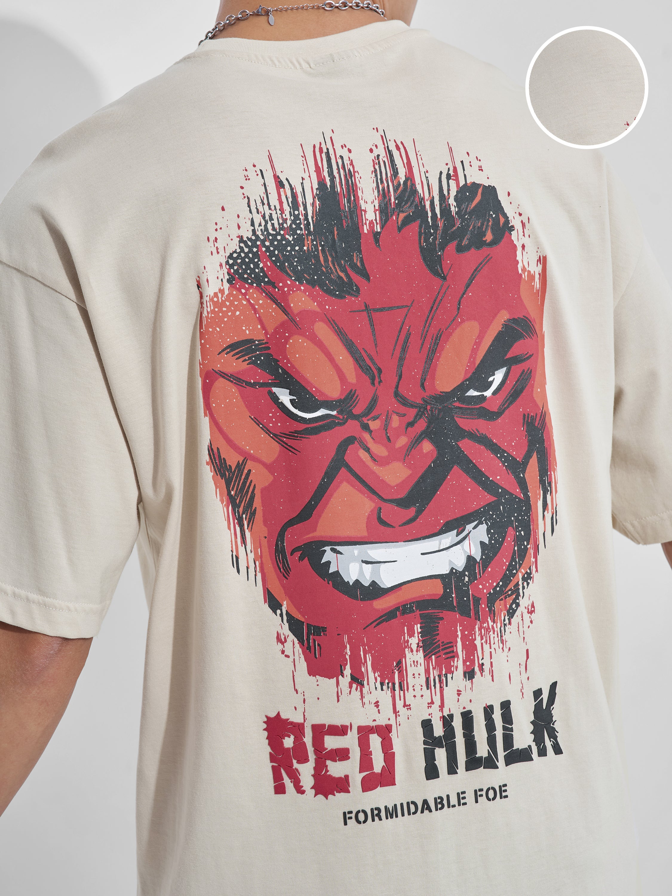 Marvel By Highlander Men Cream Hulk Printed Round Neck Oversized Fit T-Shirt - Cream - Image 5