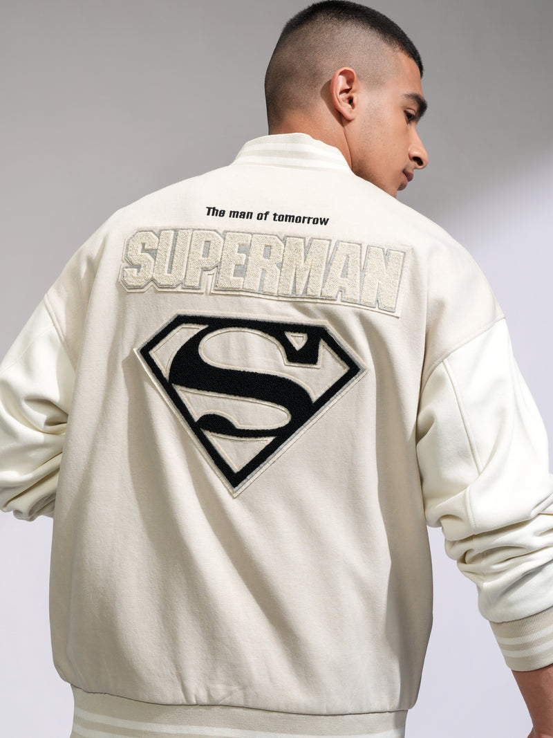 DC By Highlander Men Beige Superman Printed Varsity Jacket - Beige - Image 1