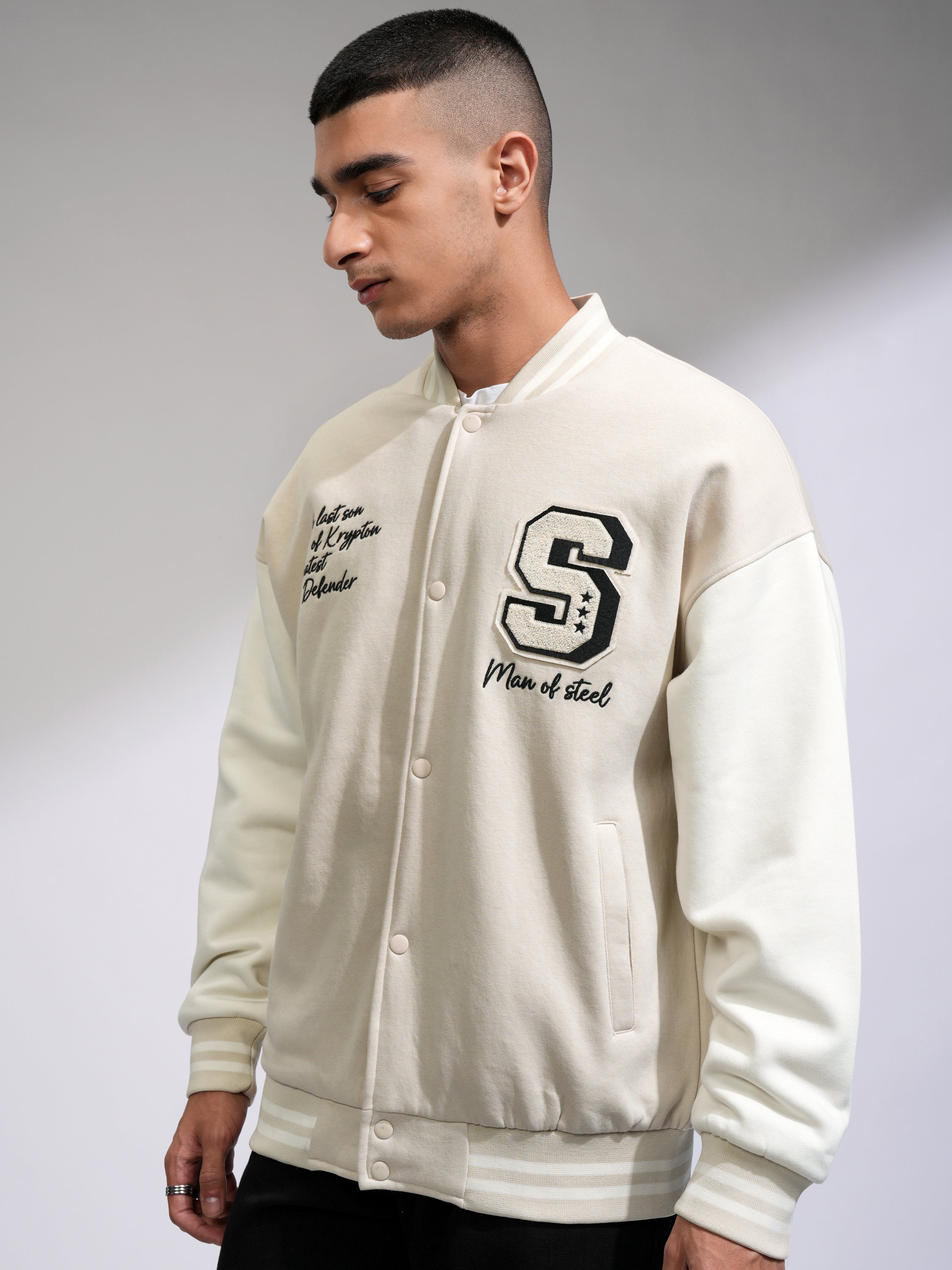 DC By Highlander Men Beige Superman Printed Varsity Jacket - Beige - Image 4