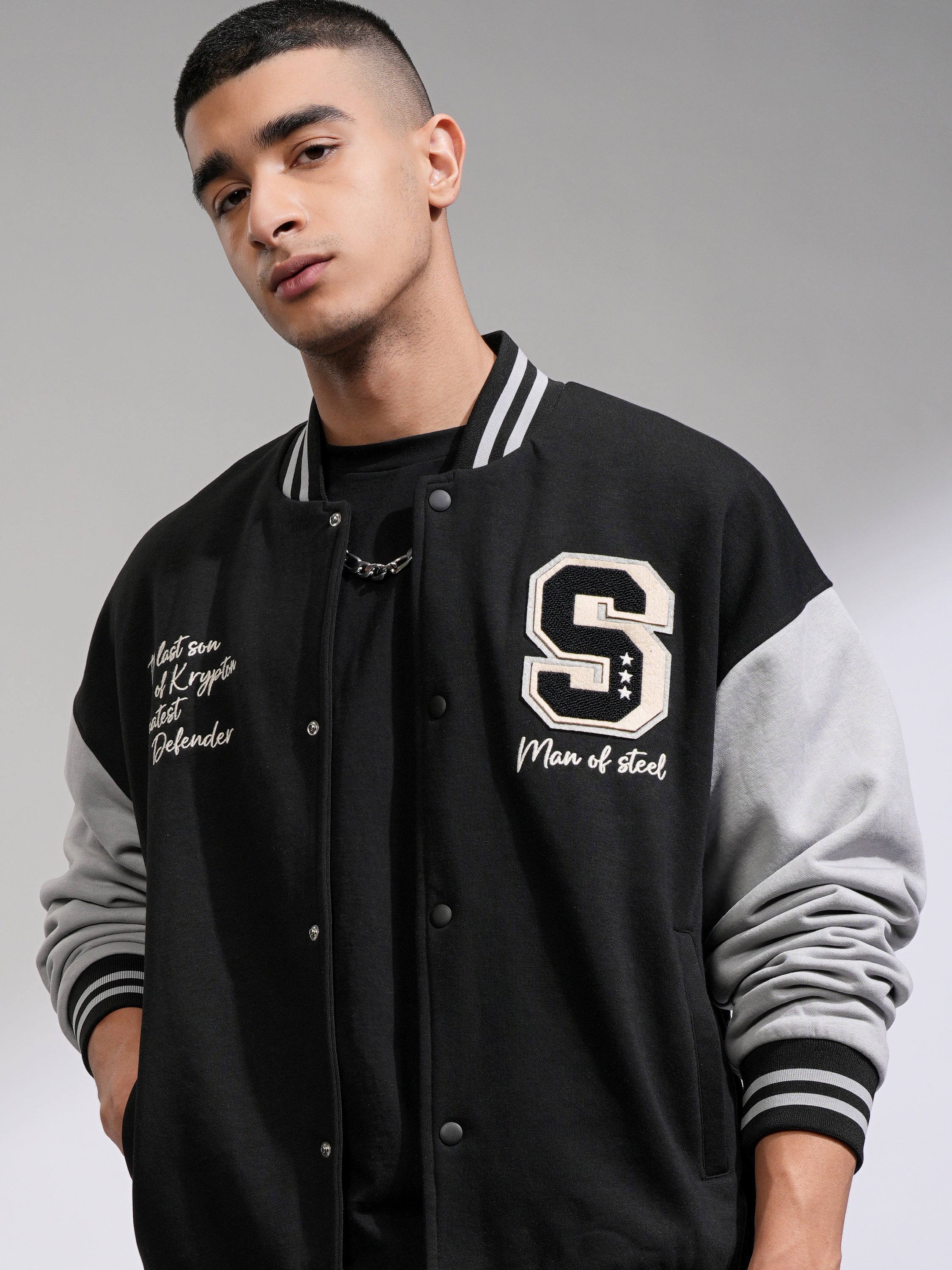 DC By Highlander Men Black Superman Printed Varsity Jacket - Black - Image 1