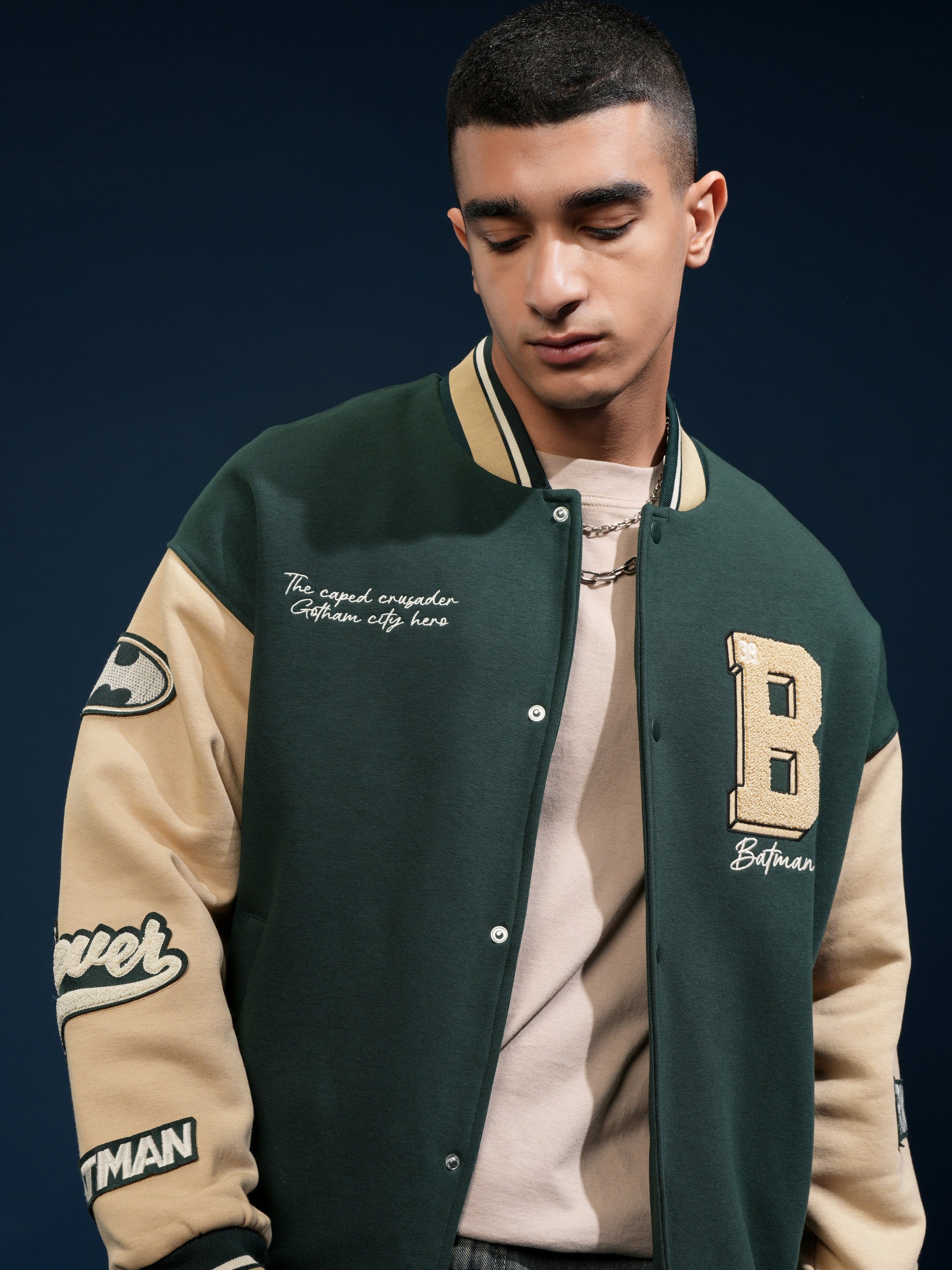 DC By Highlander Men Olive Batman Printed Varsity Jacket - Olive - Image 1