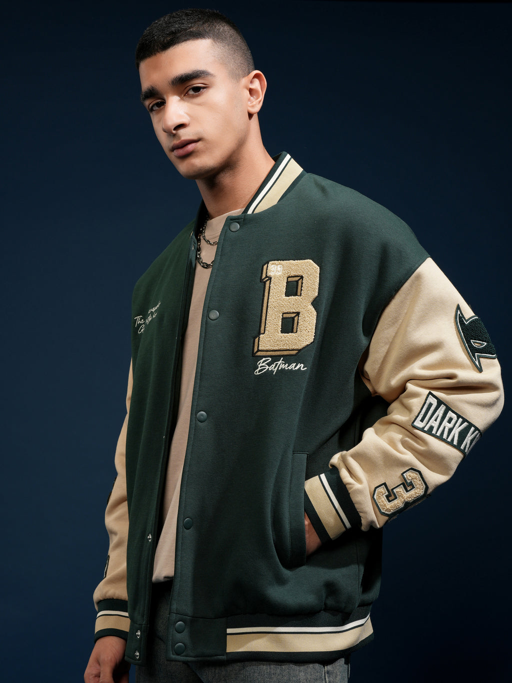 DC By Highlander Men Olive Batman Printed Varsity Jacket - Olive - Image 4