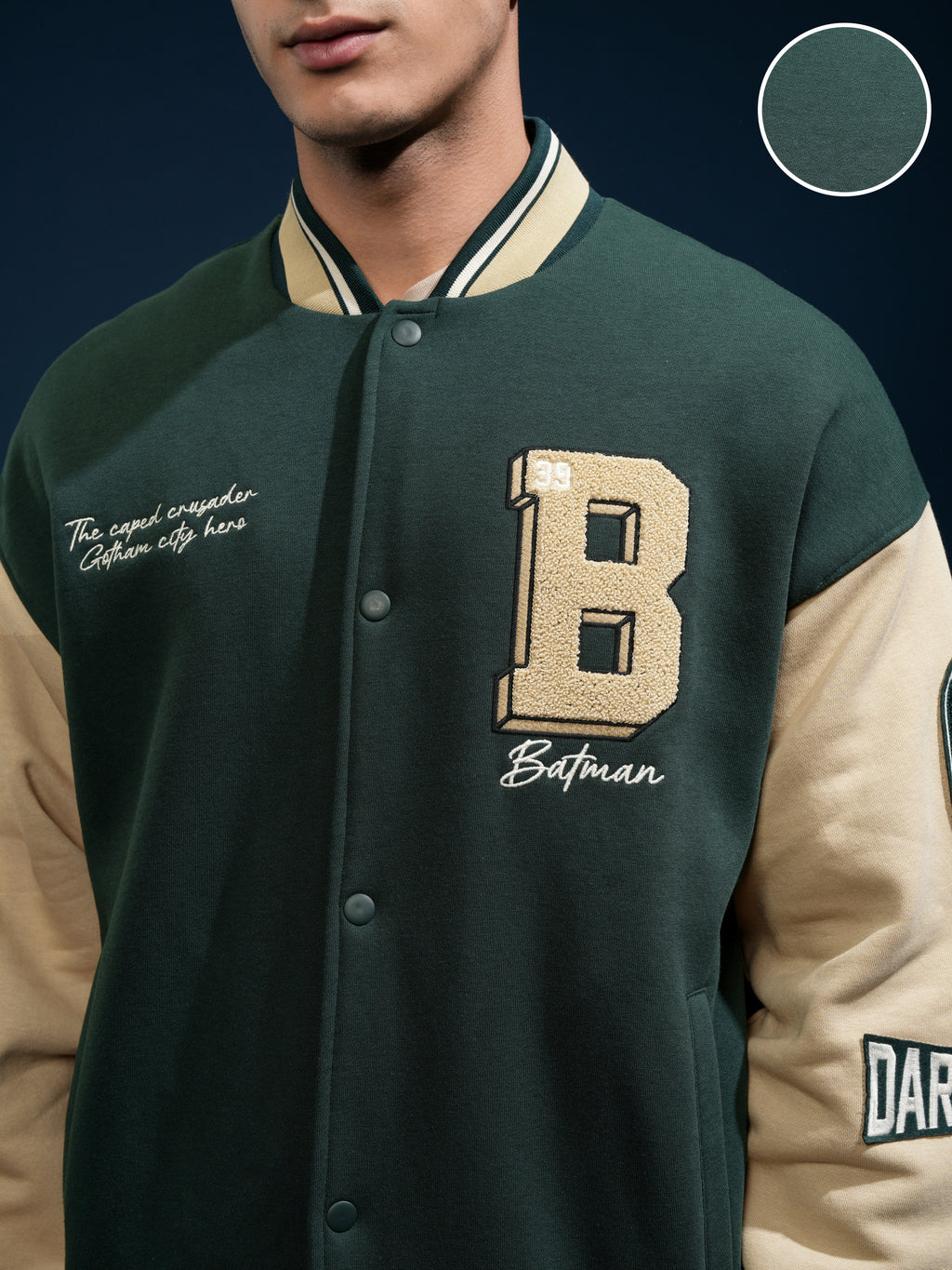 DC By Highlander Men Olive Batman Printed Varsity Jacket - Olive - Image 5