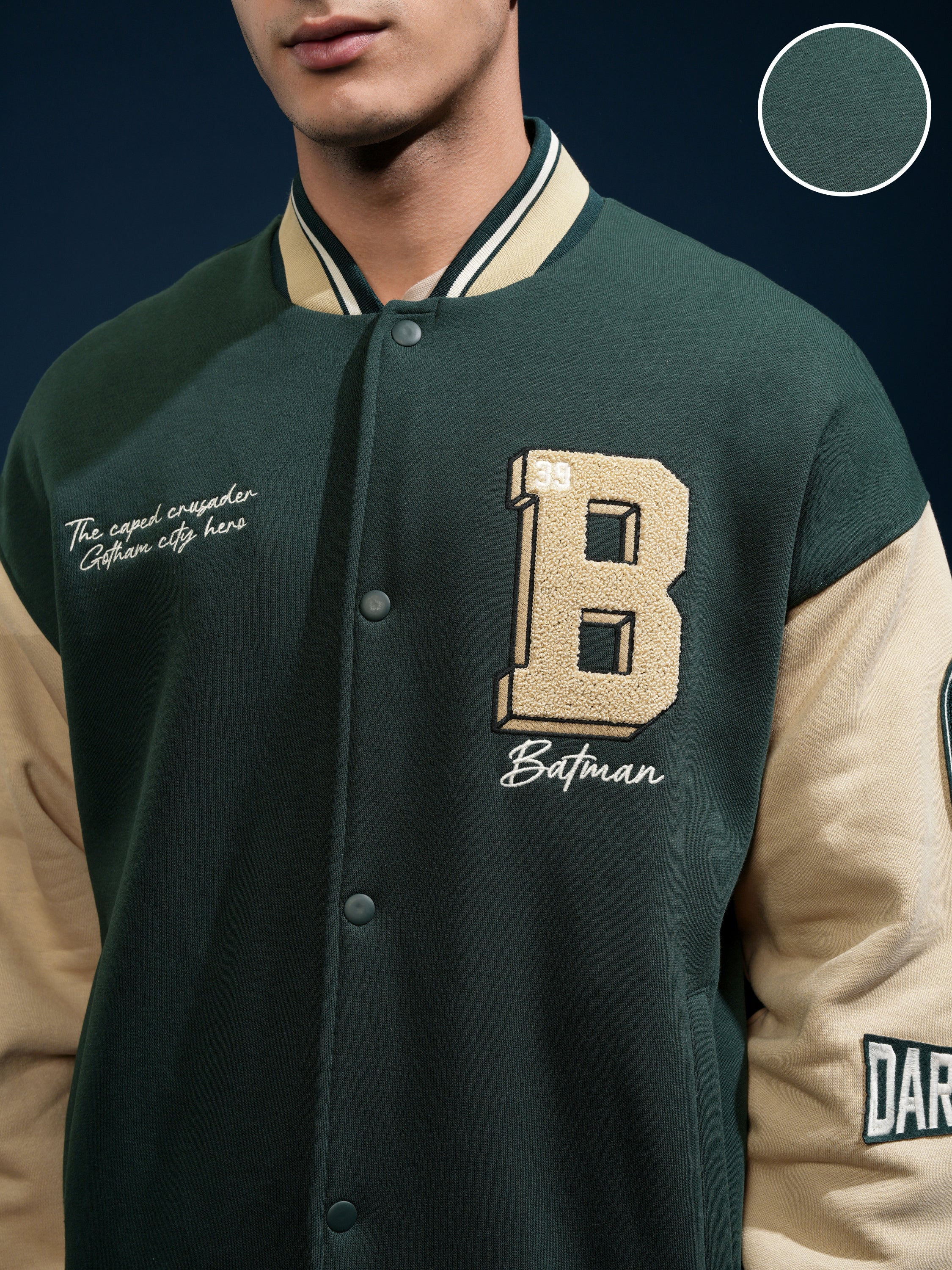 DC By Highlander Men Olive Batman Printed Varsity Jacket - Olive - Image 5