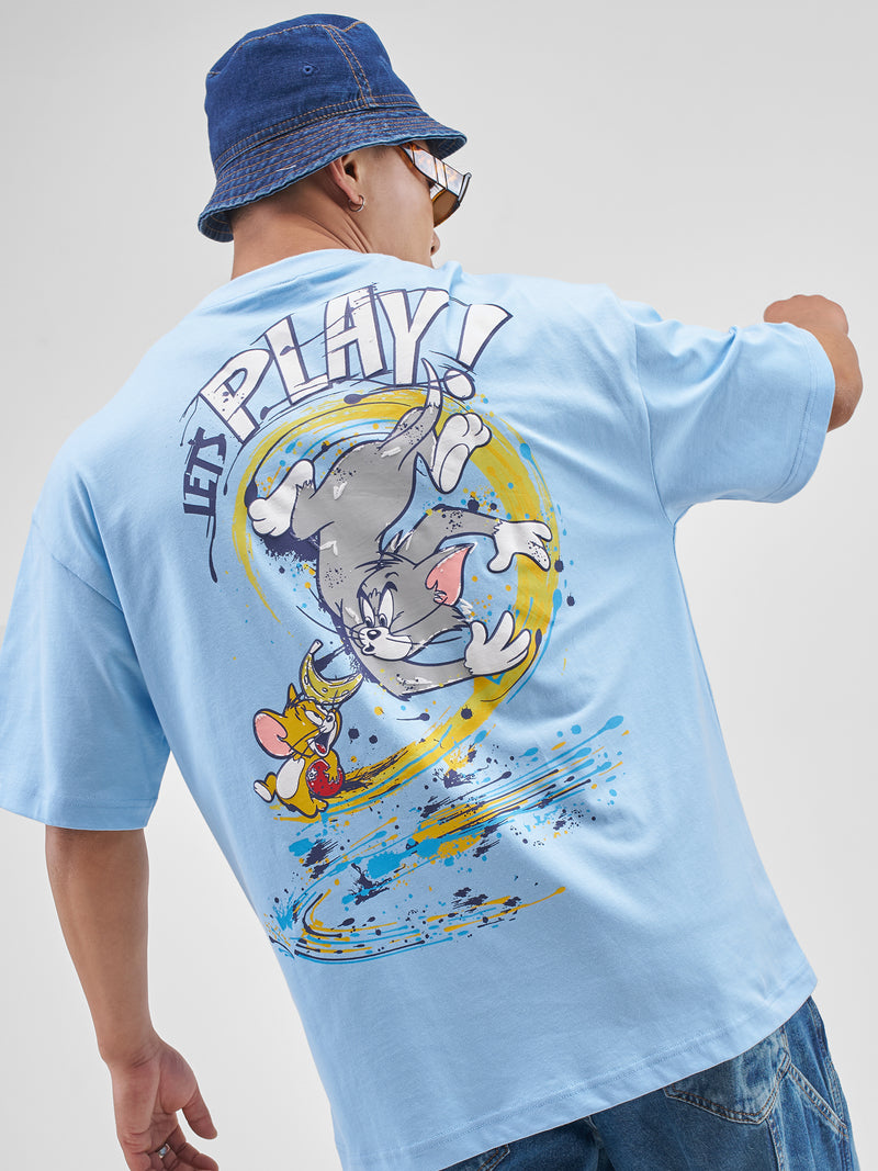 WB By Highlander Men Blue Tom And Jerry Printed Round Neck Oversized Fit T-Shirt - Blue - Image 1