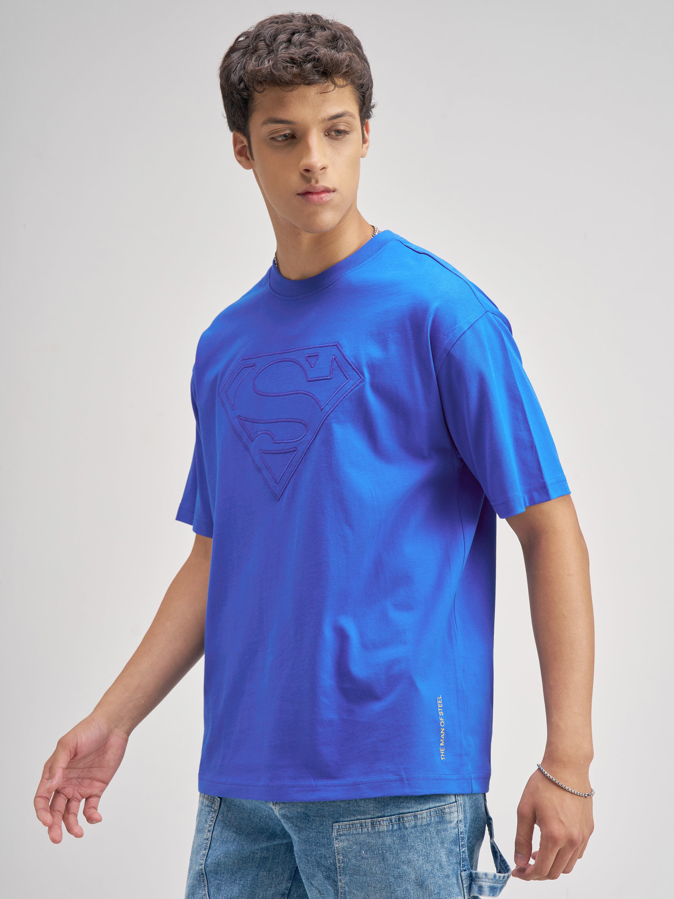 DC By Highlander Men Blue Superman Embroidered Round Neck T-Shirt - Blue - Image 4