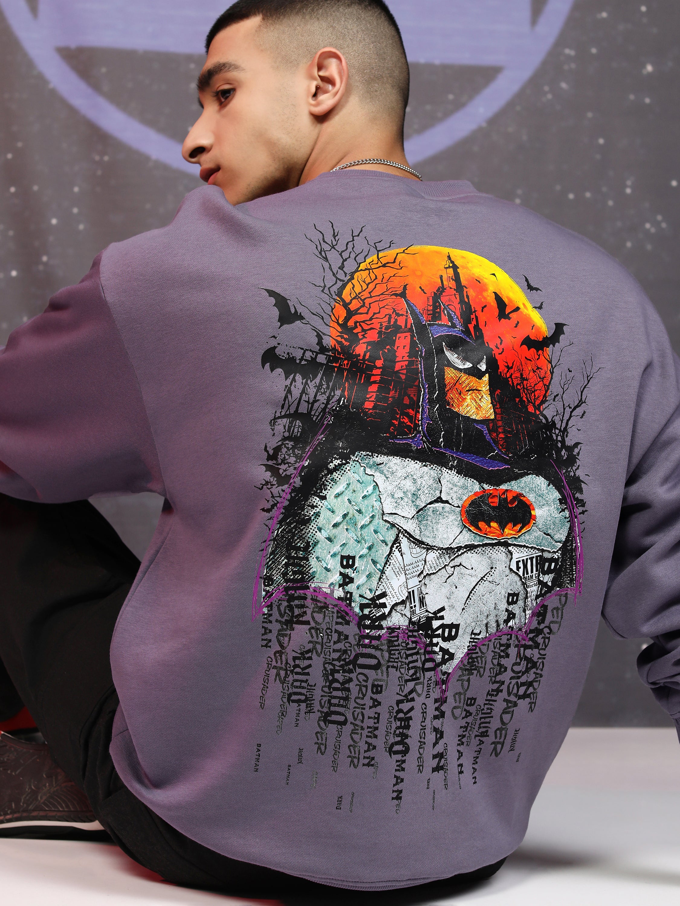 DC By Highlander Men Purple Batman Round Neck Pullover Sweatshirt - Purple - Image 3
