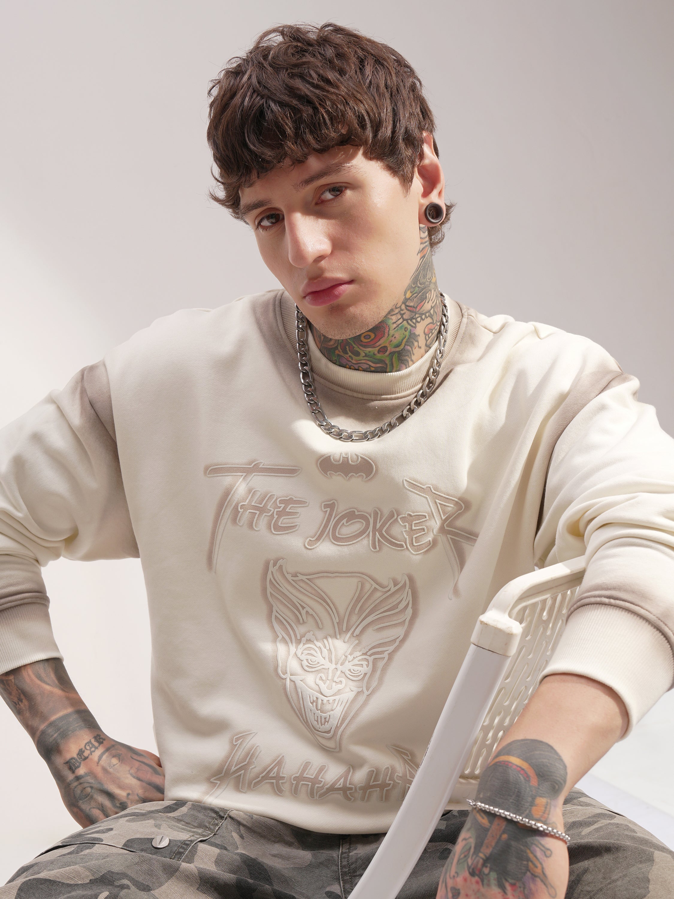 DC By Highlander Men Off White Batman Round Neck Pullover Sweatshirt - Off White - Image 1