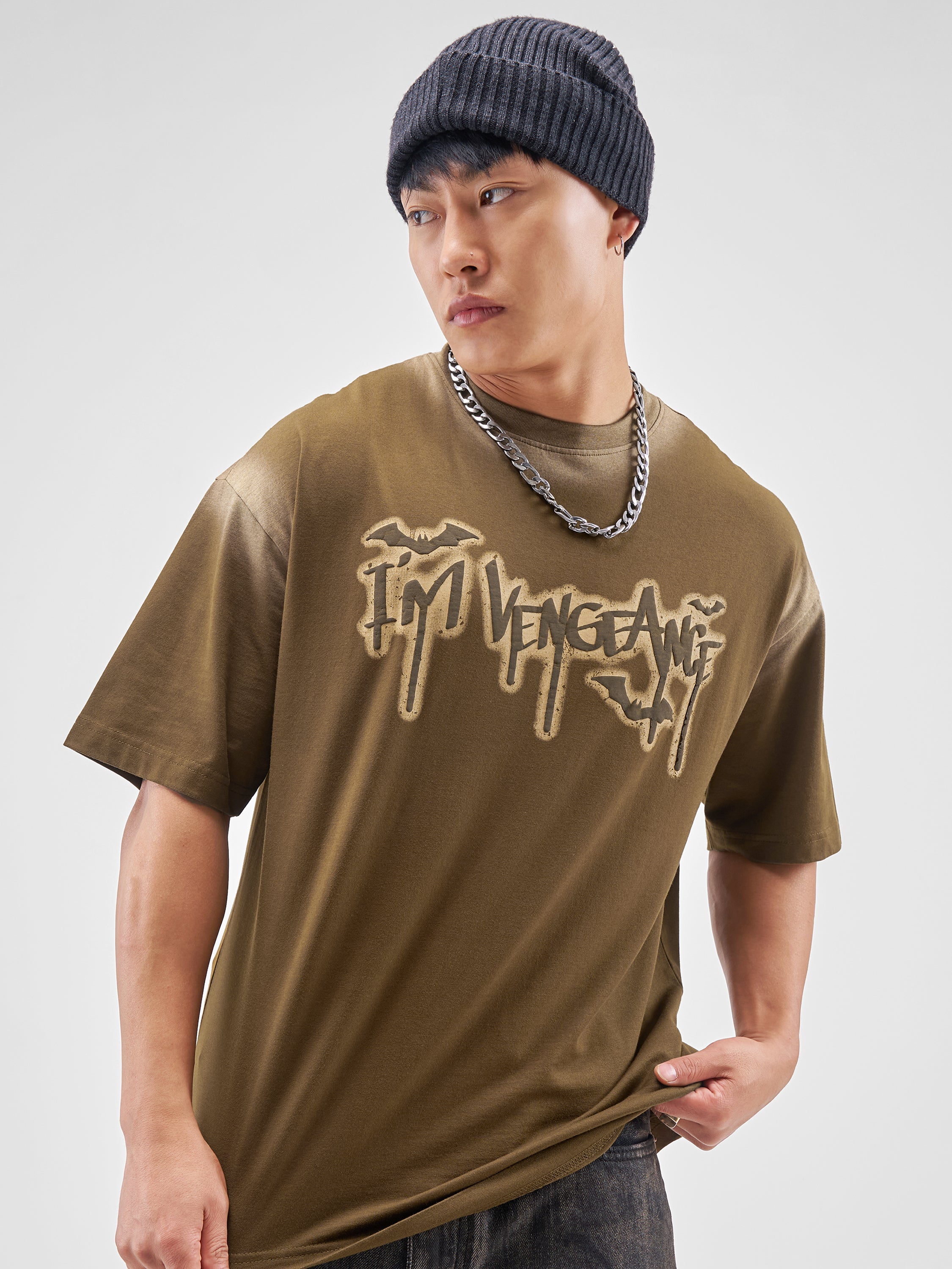 DC BY Highlander Men Brown Batman Printed Round Neck Oversized Fit T-Shirt - Brown - Image 1