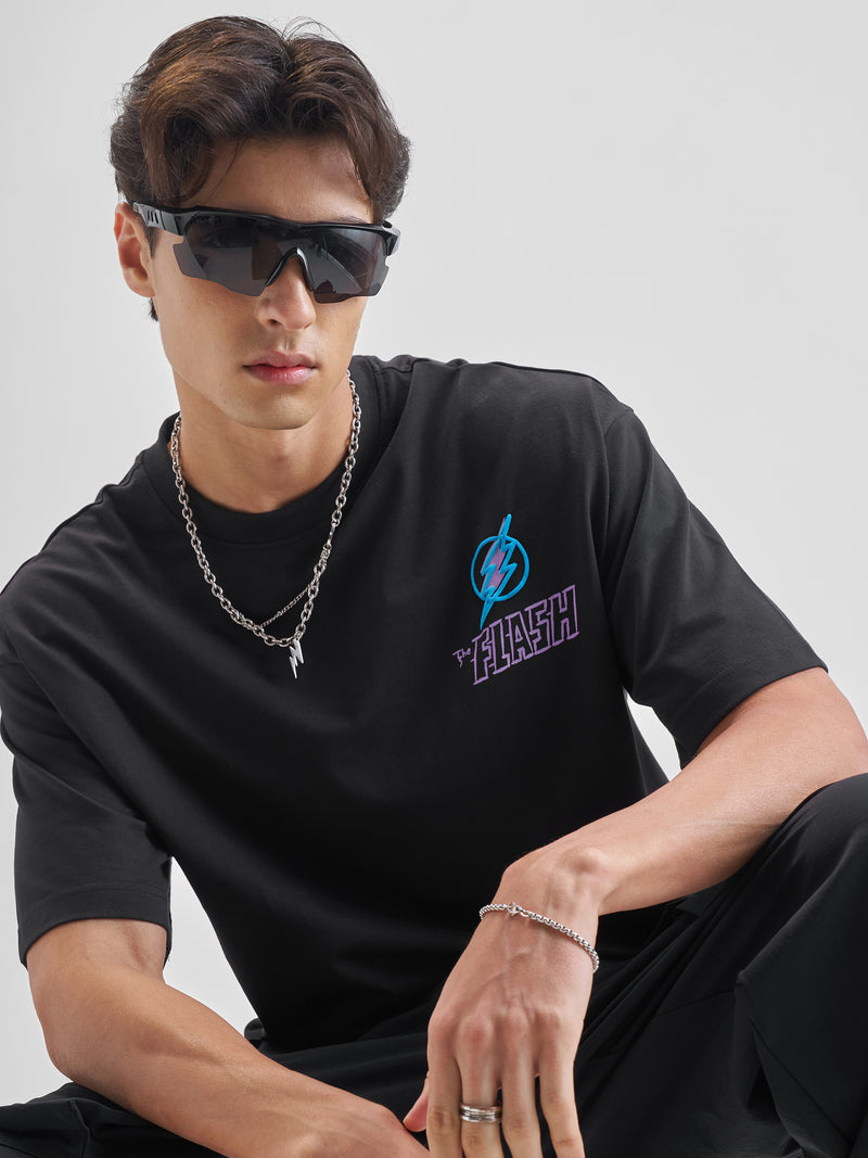 DC By Highlander Men Black Flash Printed Round Neck Oversized Fit T-Shirt - Black - Image 1