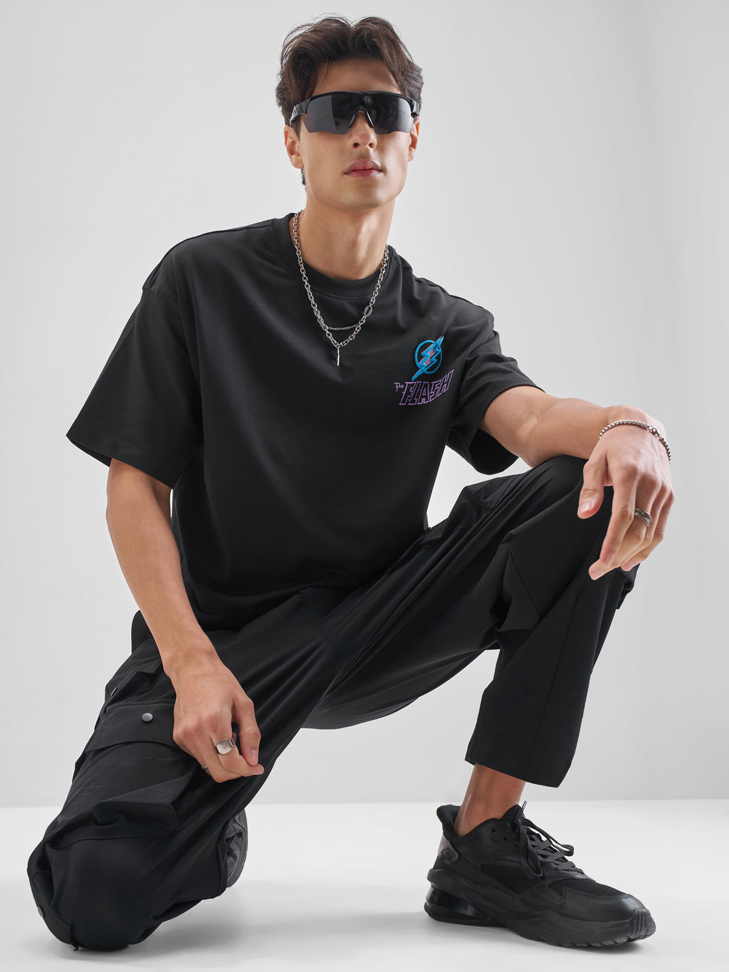 DC By Highlander Men Black Flash Printed Round Neck Oversized Fit T-Shirt - Black - Image 2