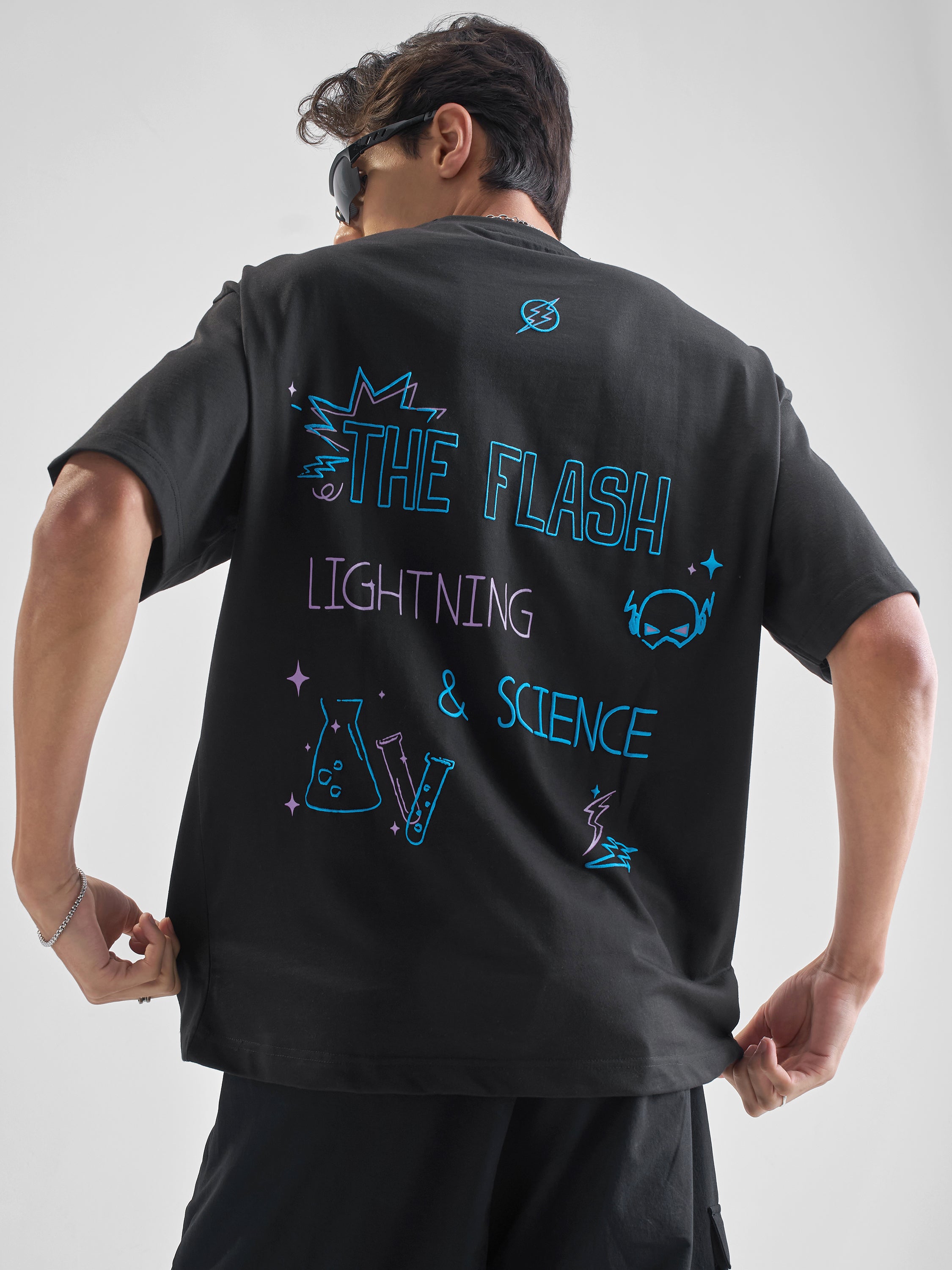 DC By Highlander Men Black Flash Printed Round Neck Oversized Fit T-Shirt - Black - Image 3