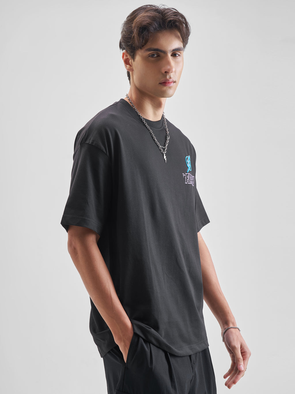 DC By Highlander Men Black Flash Printed Round Neck Oversized Fit T-Shirt - Black - Image 6