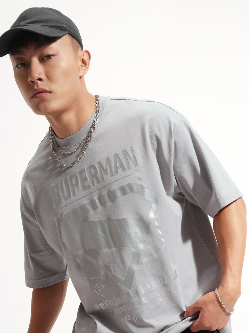 DC By Highlander Men Grey Superman Printed Round Neck Oversized Fit T-Shirt - Grey - Image 1