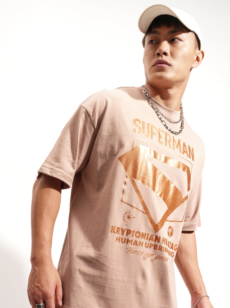 DC By Highlander Men Tan Superman Printed Round Neck Oversized Fit T-Shirt - Tan - Image 1