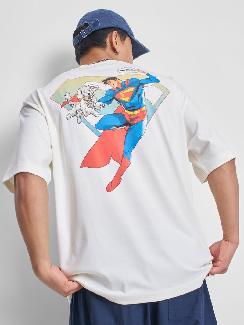 DC By Highlander Men Off White Superman Printed Round Neck Oversized Fit T-Shirt - Off White - Image 1