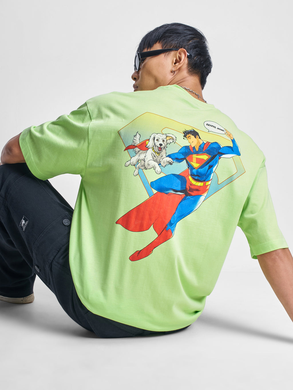 DC By Highlander Men Green Superman Printed Round Neck Oversized Fit T-Shirt - Green - Image 1