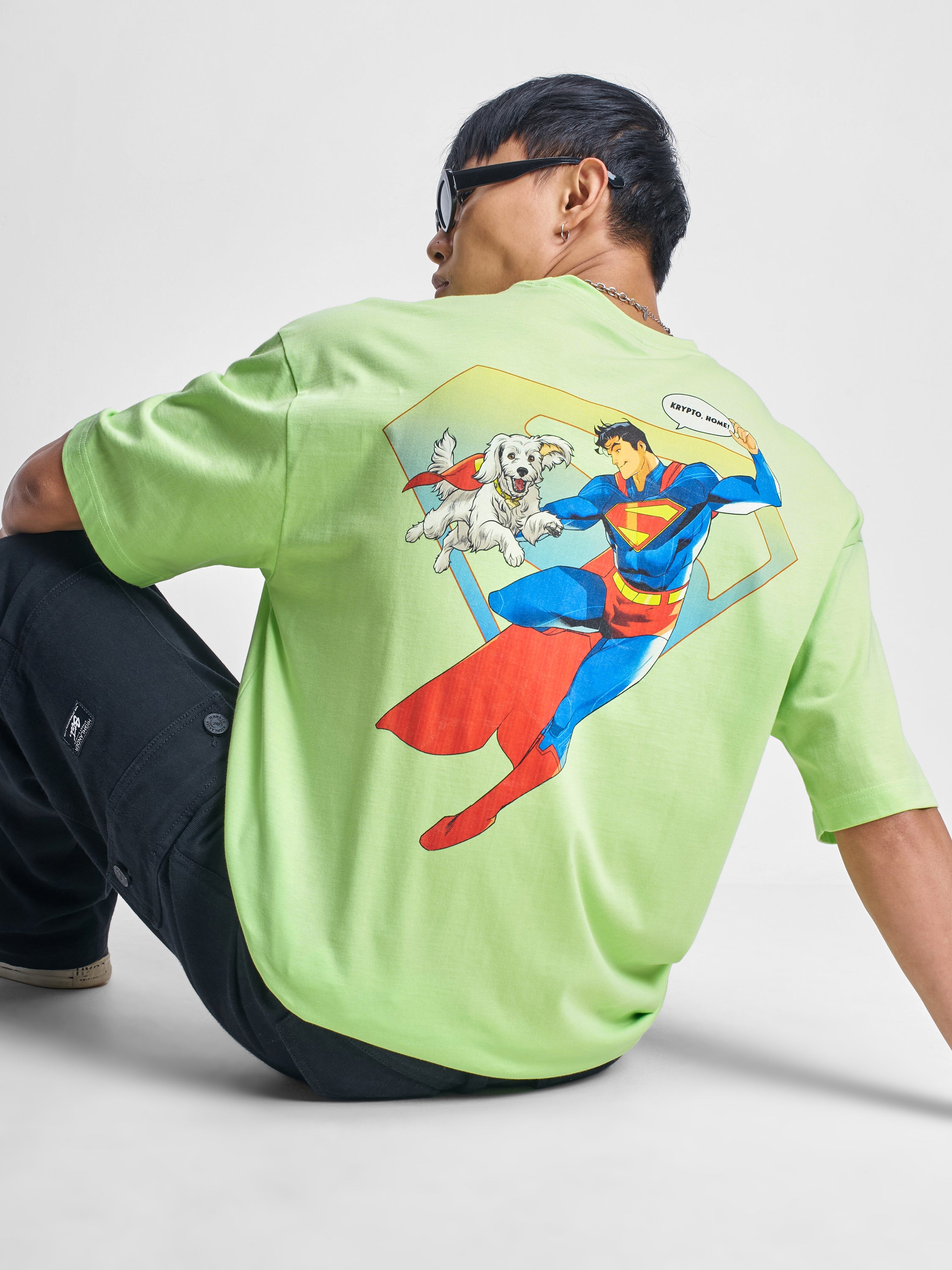 DC By Highlander Men Green Superman Printed Round Neck Oversized Fit T-Shirt - Green - Image 1