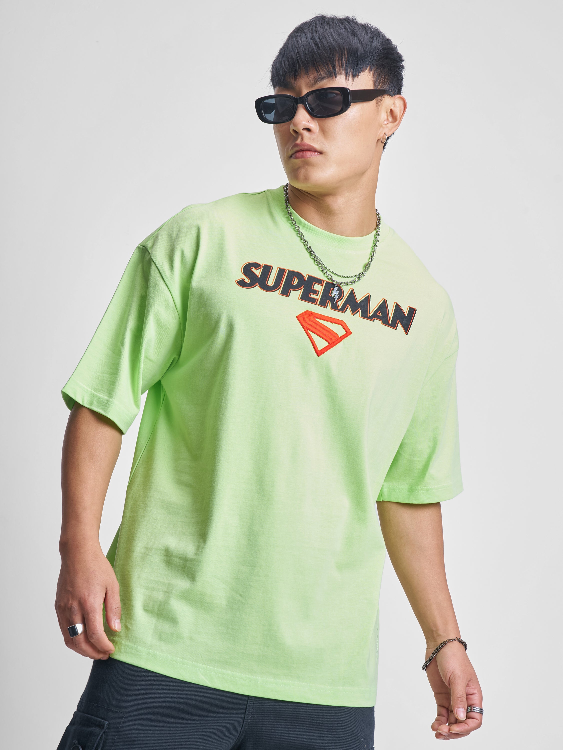 DC By Highlander Men Green Superman Printed Round Neck Oversized Fit T-Shirt - Green - Image 3
