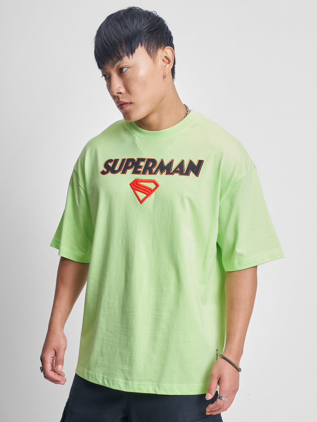 DC By Highlander Men Green Superman Printed Round Neck Oversized Fit T-Shirt - Green - Image 4