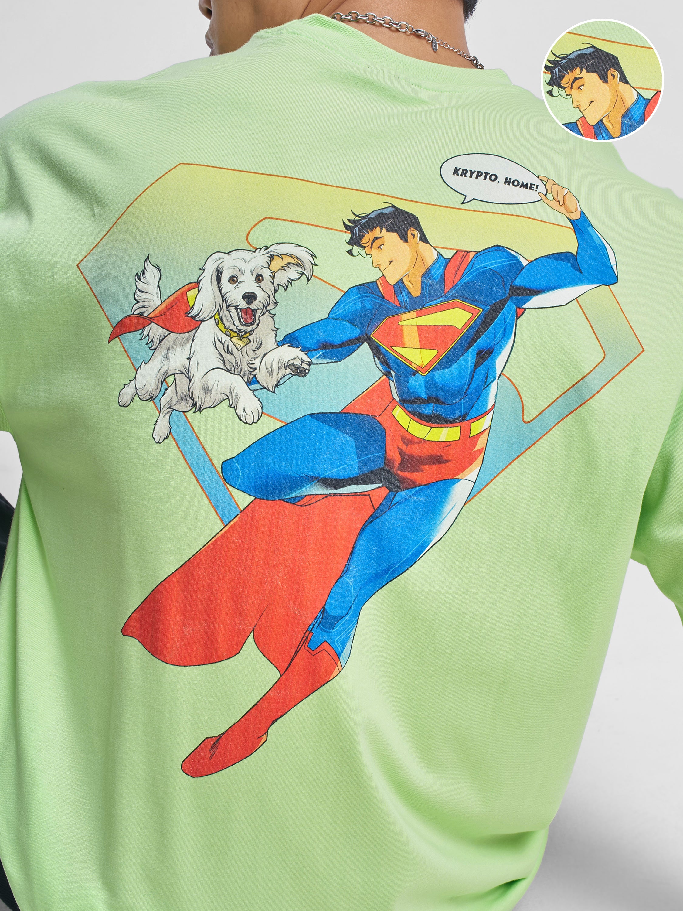 DC By Highlander Men Green Superman Printed Round Neck Oversized Fit T-Shirt - Green - Image 5