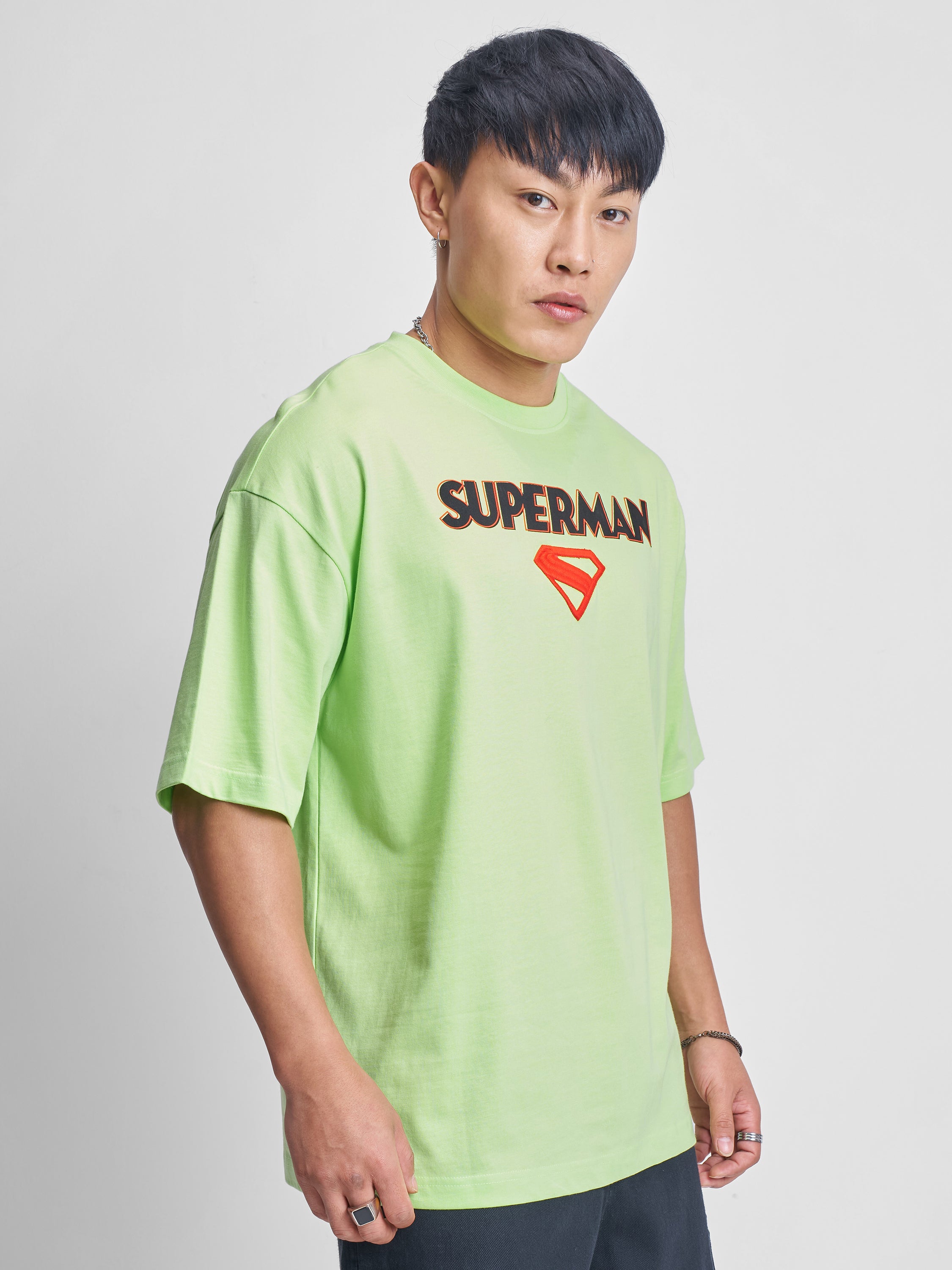 DC By Highlander Men Green Superman Printed Round Neck Oversized Fit T-Shirt - Green - Image 6
