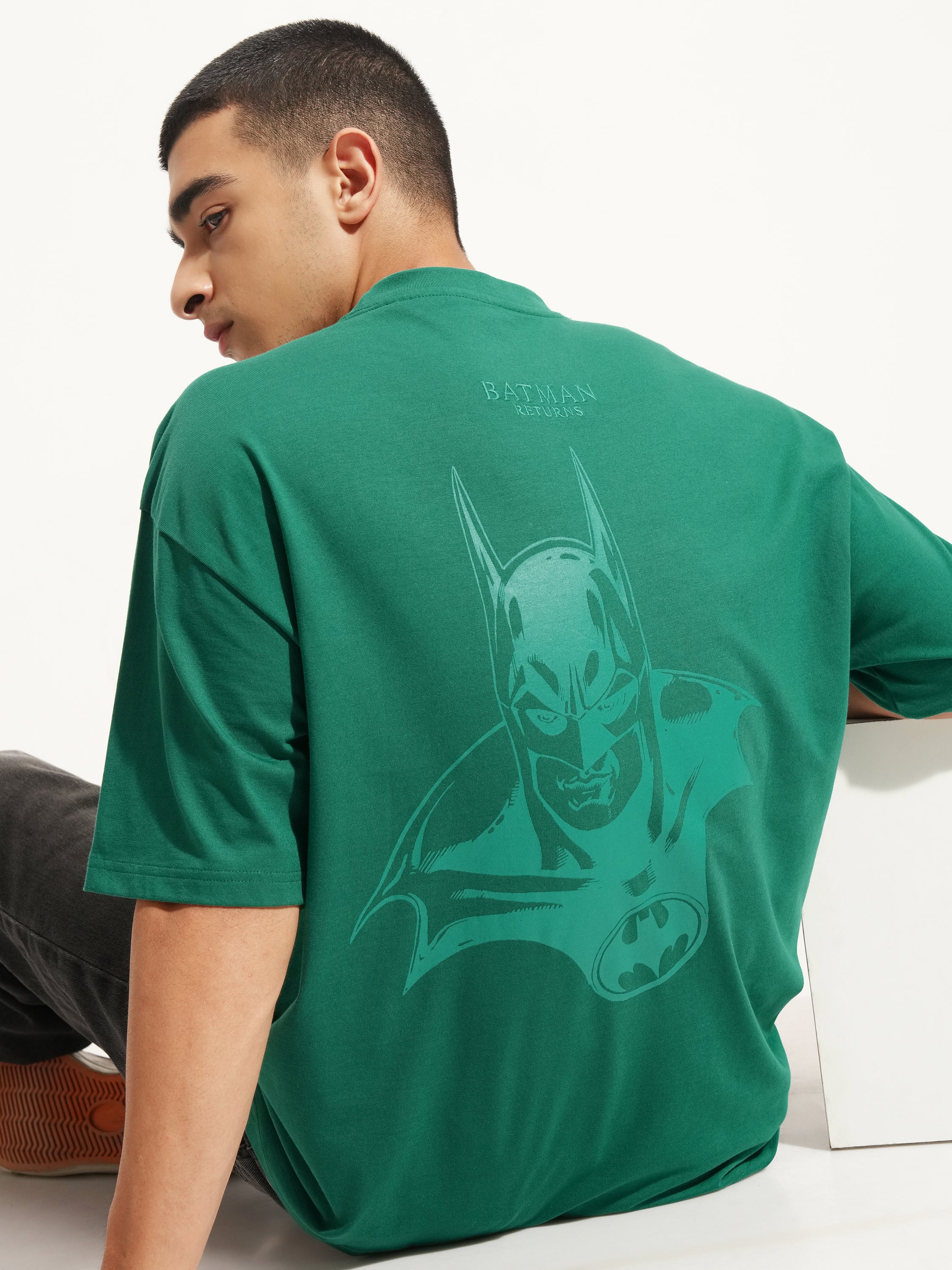 DC By Highlander Men Green Batman Printed Round Neck Oversized Fit T-Shirt - Green - Image 1