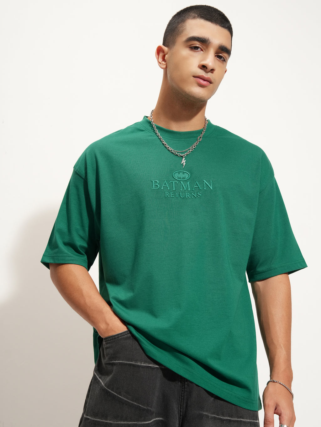 DC By Highlander Men Green Batman Printed Round Neck Oversized Fit T-Shirt - Green - Image 3
