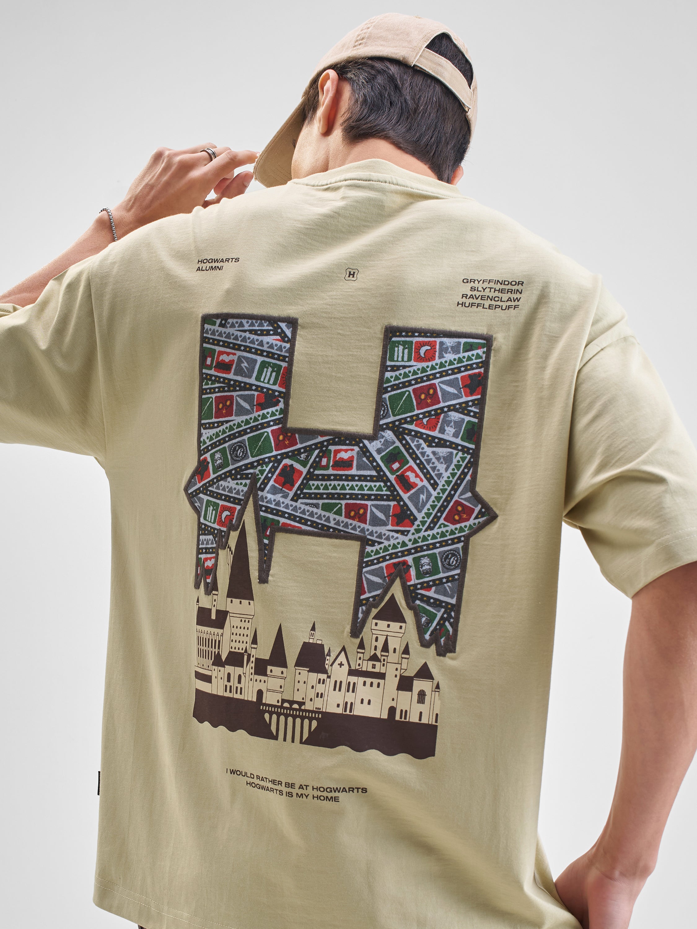 WB By Highlander Men Beige Harry Potter Printed Round Neck Oversized Fit T-Shirt - Beige - Image 1