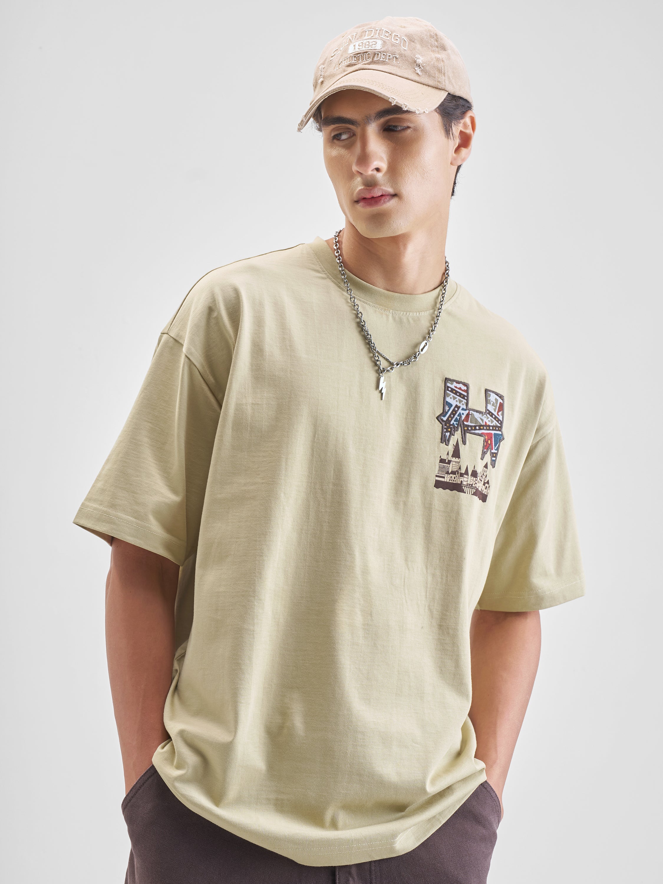WB By Highlander Men Beige Harry Potter Printed Round Neck Oversized Fit T-Shirt - Beige - Image 3