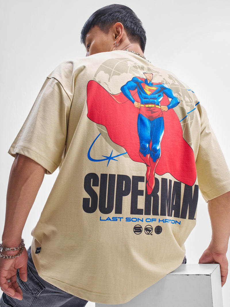 DC By Highlander Men Beige Superman Printed Round Neck Oversized Fit T-Shirt - Beige - Image 1