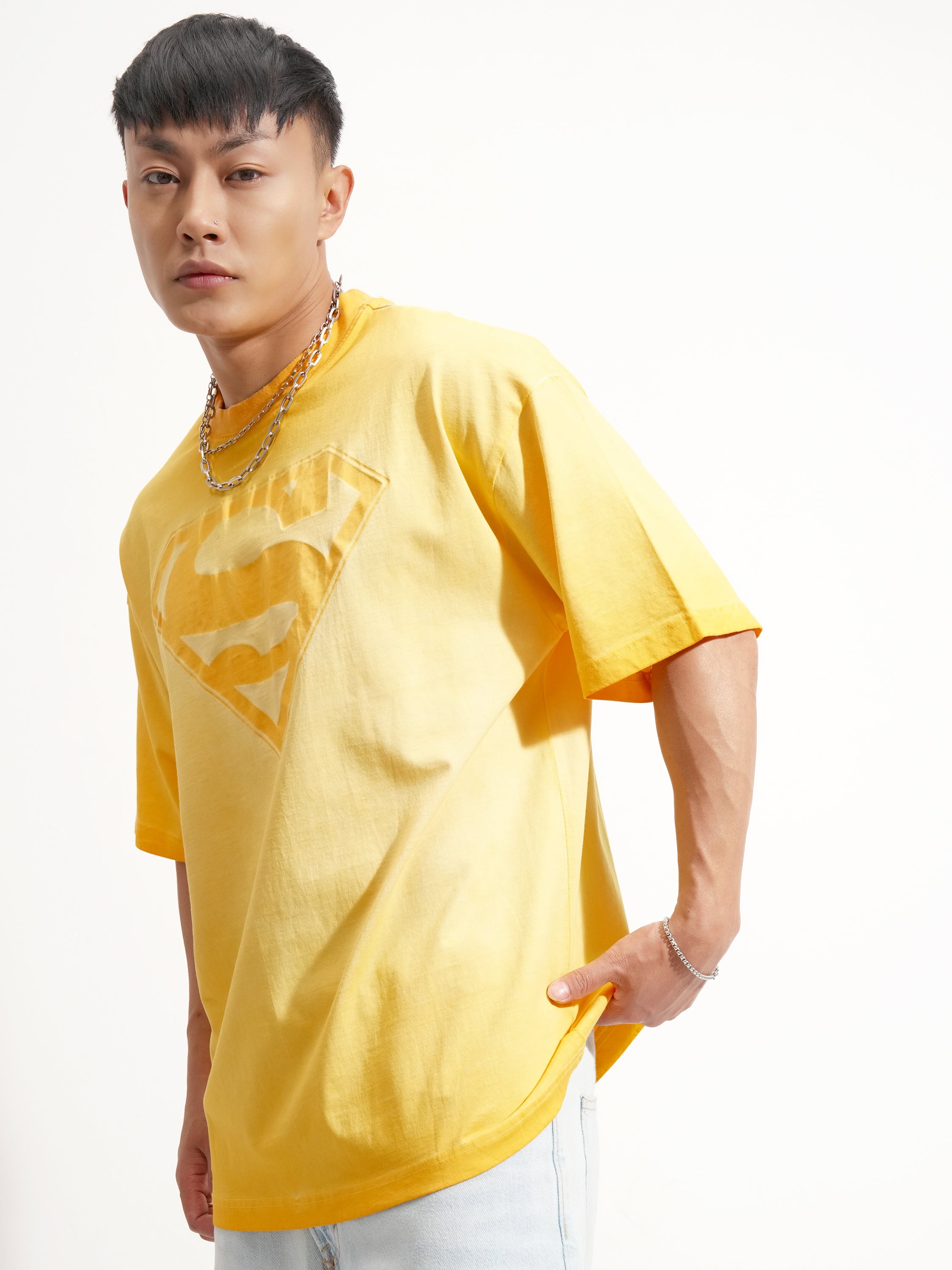 DC By Highlander Men Orange Superman Printed Round Neck Oversized Fit T-Shirt - Orange - Image 4