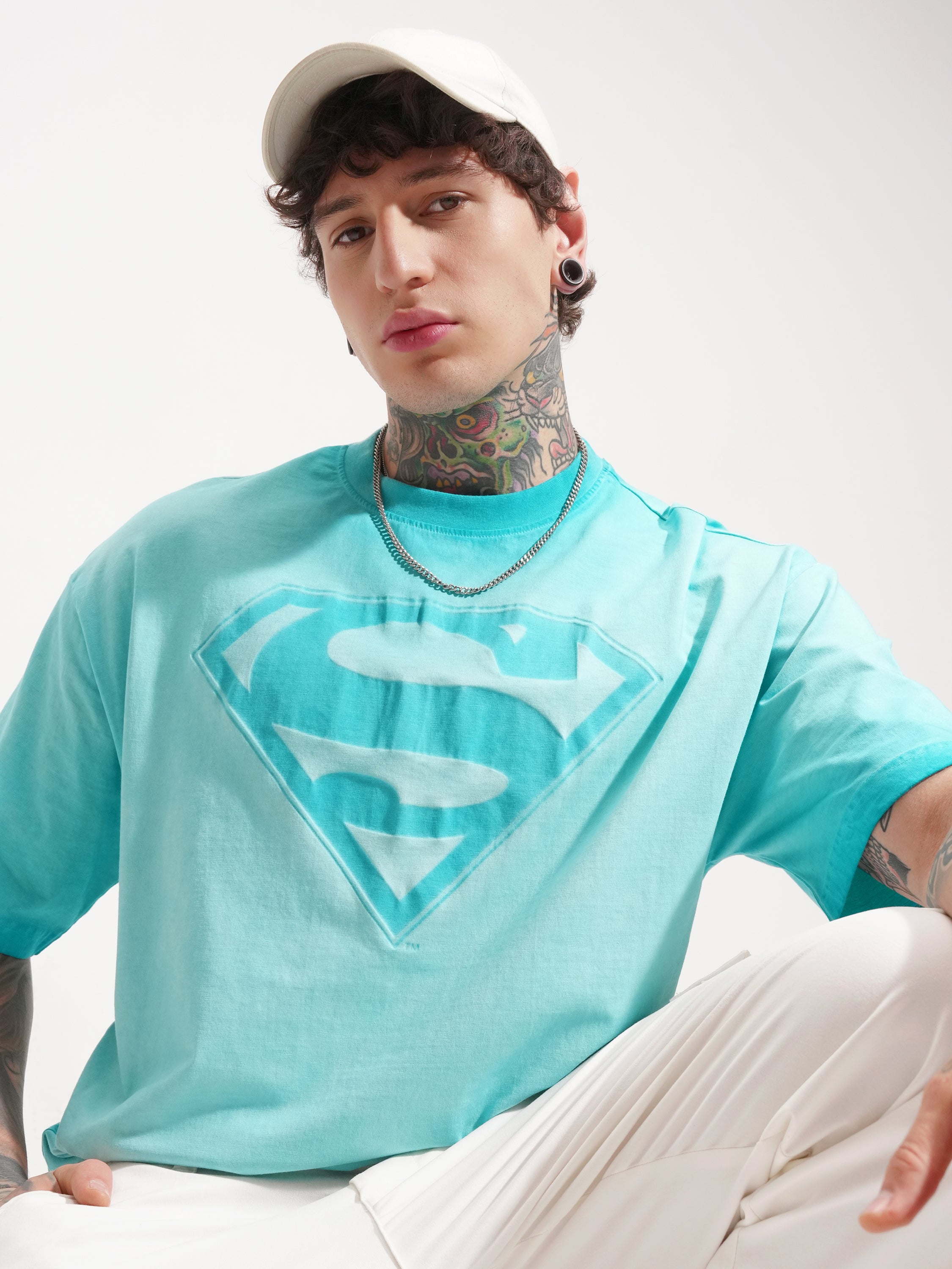 DC By Highlander Men Blue Superman Printed Round Neck Oversized Fit T-Shirt - Blue - Image 1