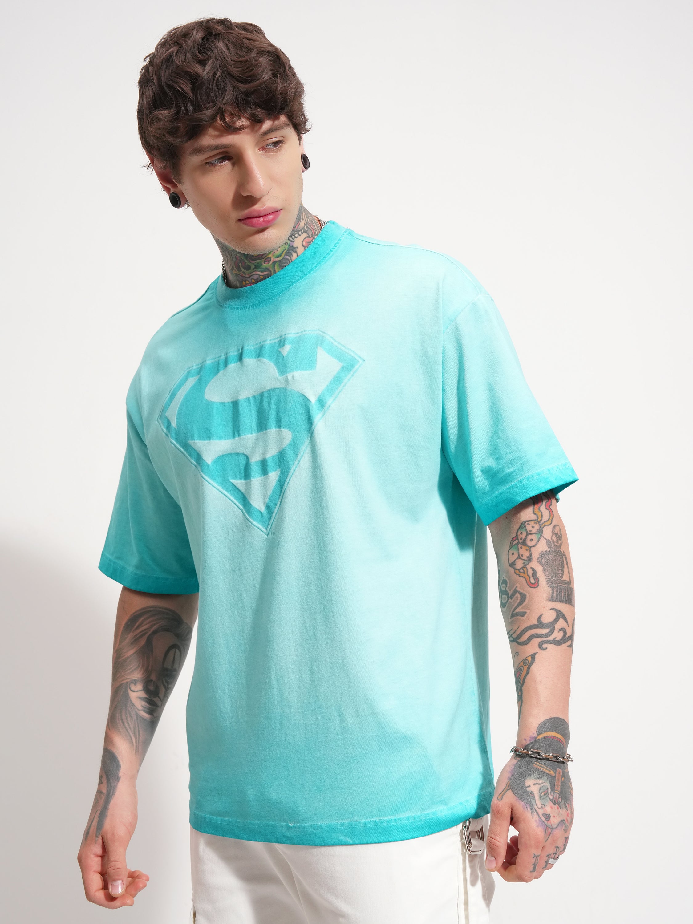 DC By Highlander Men Blue Superman Printed Round Neck Oversized Fit T-Shirt - Blue - Image 4