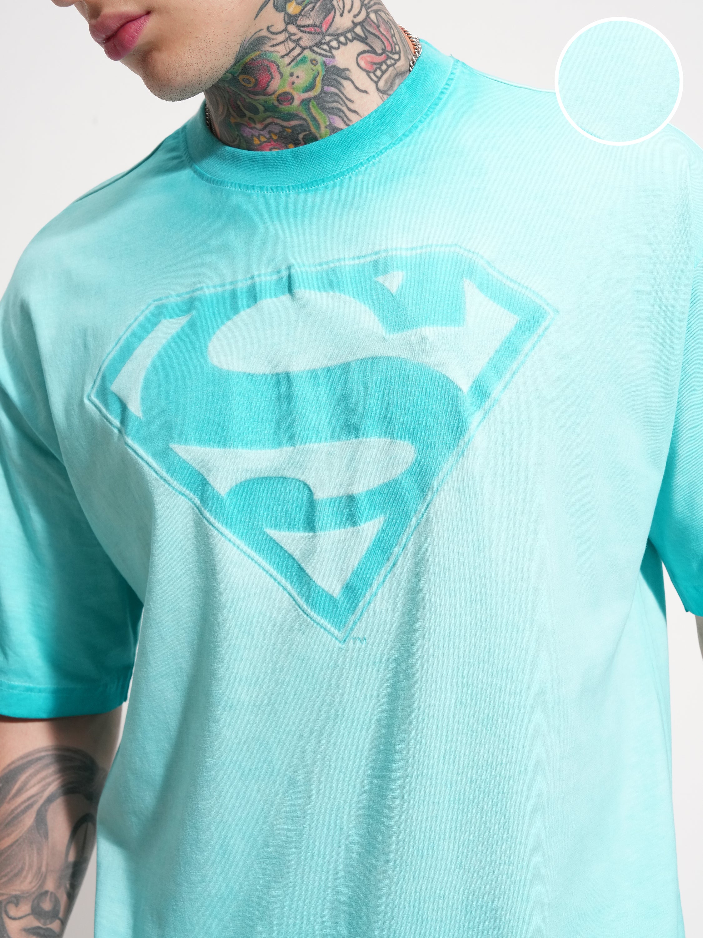DC By Highlander Men Blue Superman Printed Round Neck Oversized Fit T-Shirt - Blue - Image 5