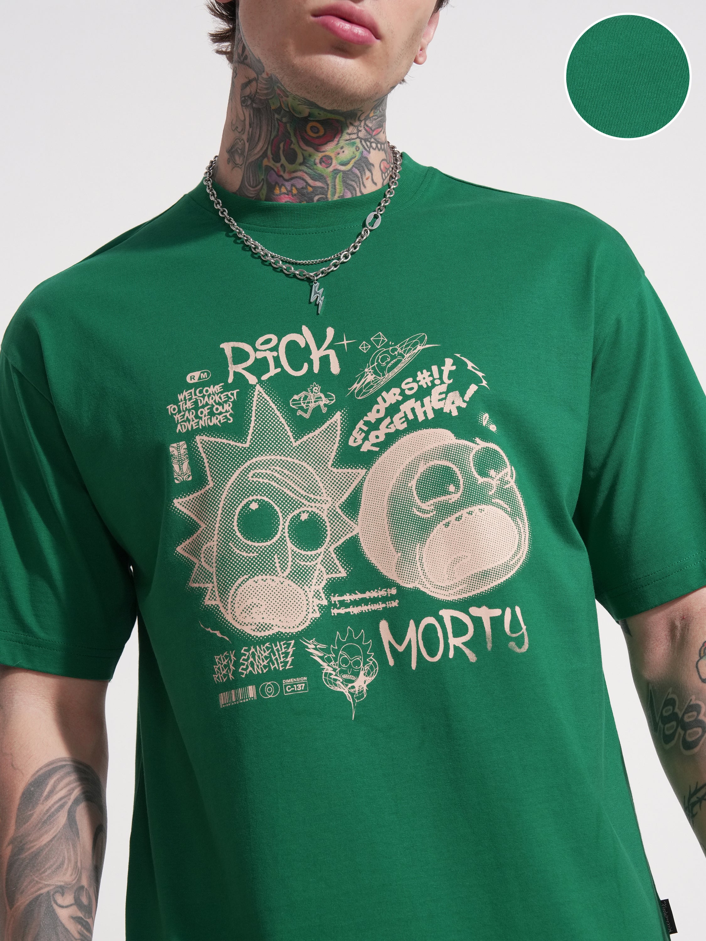 WB By Highlander Men Green Rick and Morty Printed Round Neck T-Shirt - Green - Image 5