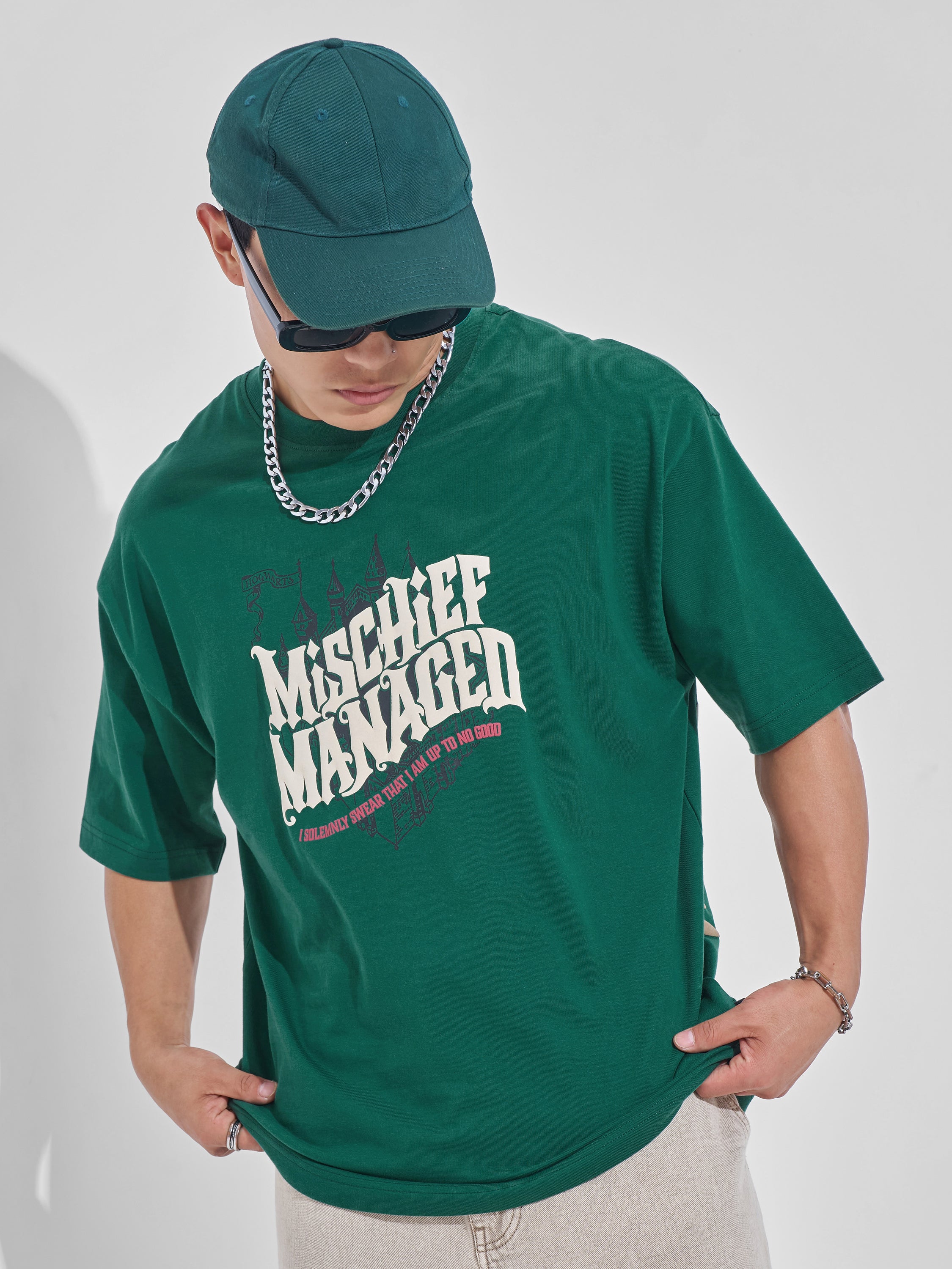 WB By Highlander Men Green Harry Potter Printed Round Neck Oversized Fit T-Shirt - Green - Image 3