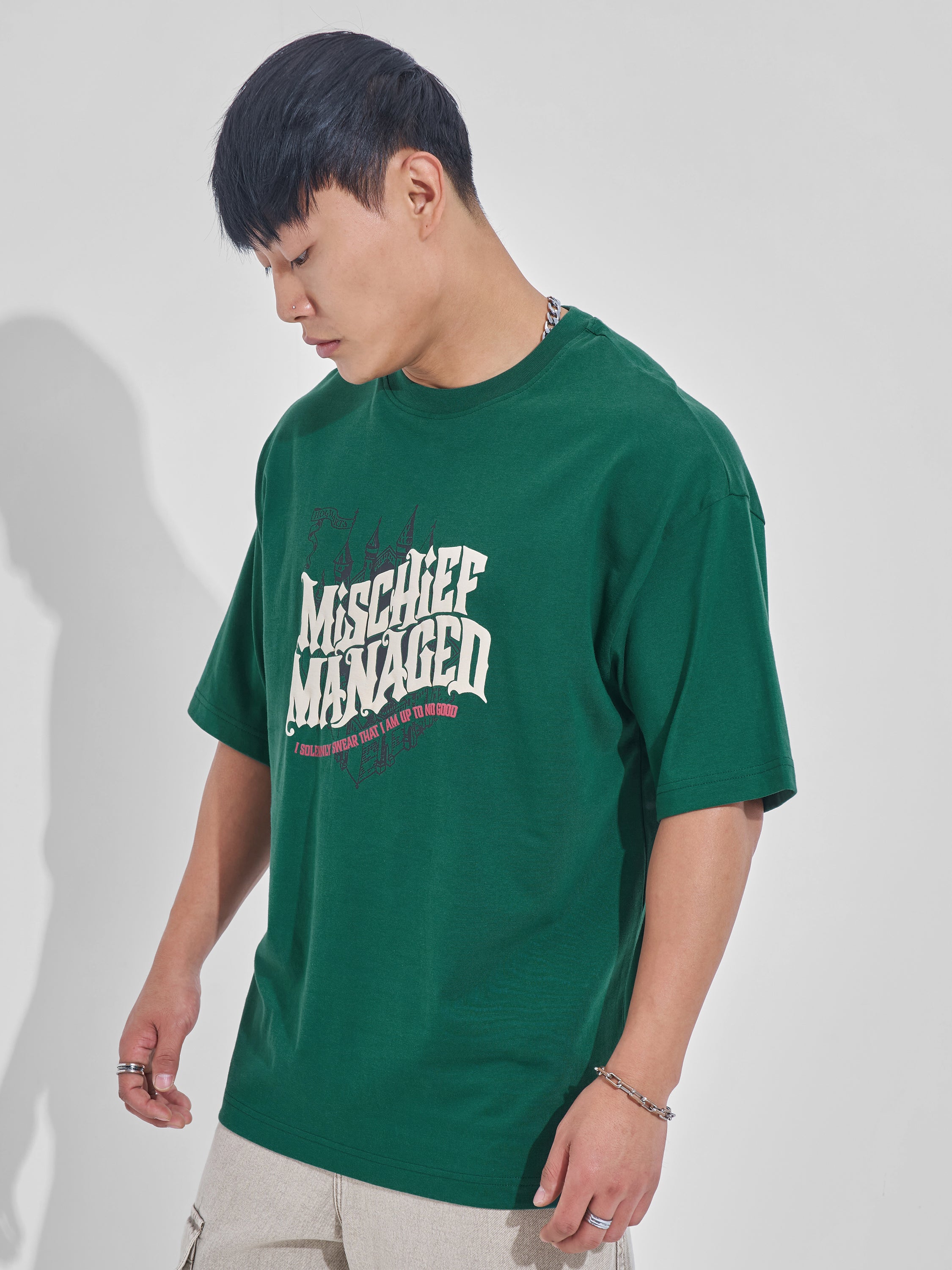 WB By Highlander Men Green Harry Potter Printed Round Neck Oversized Fit T-Shirt - Green - Image 4