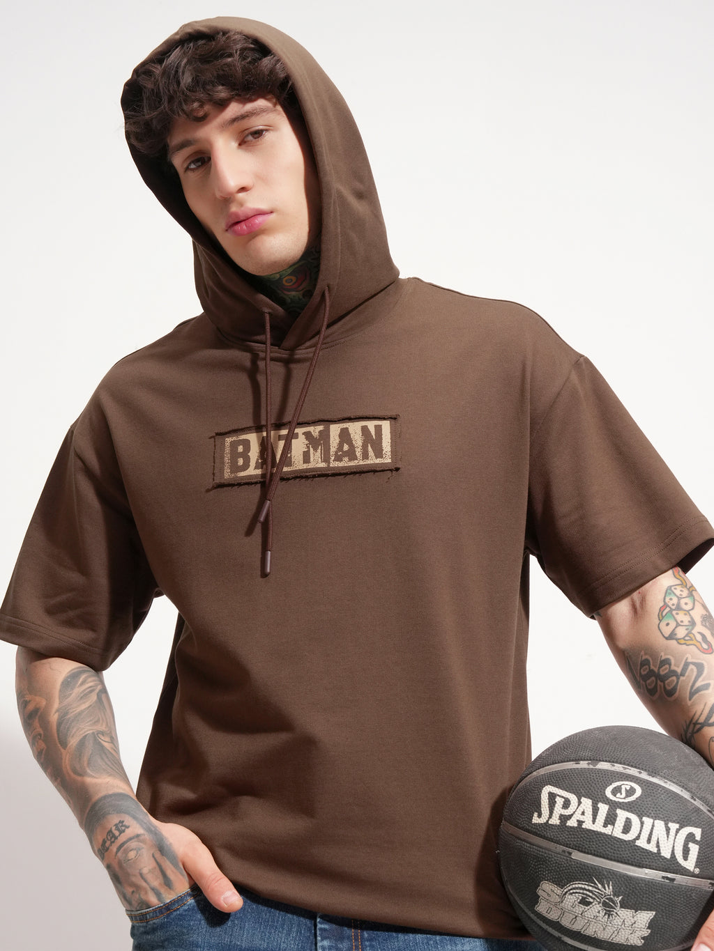 DC By Highlander Men Brown Batman Printed Hood Oversized Fit T-Shirt - Brown - Image 1