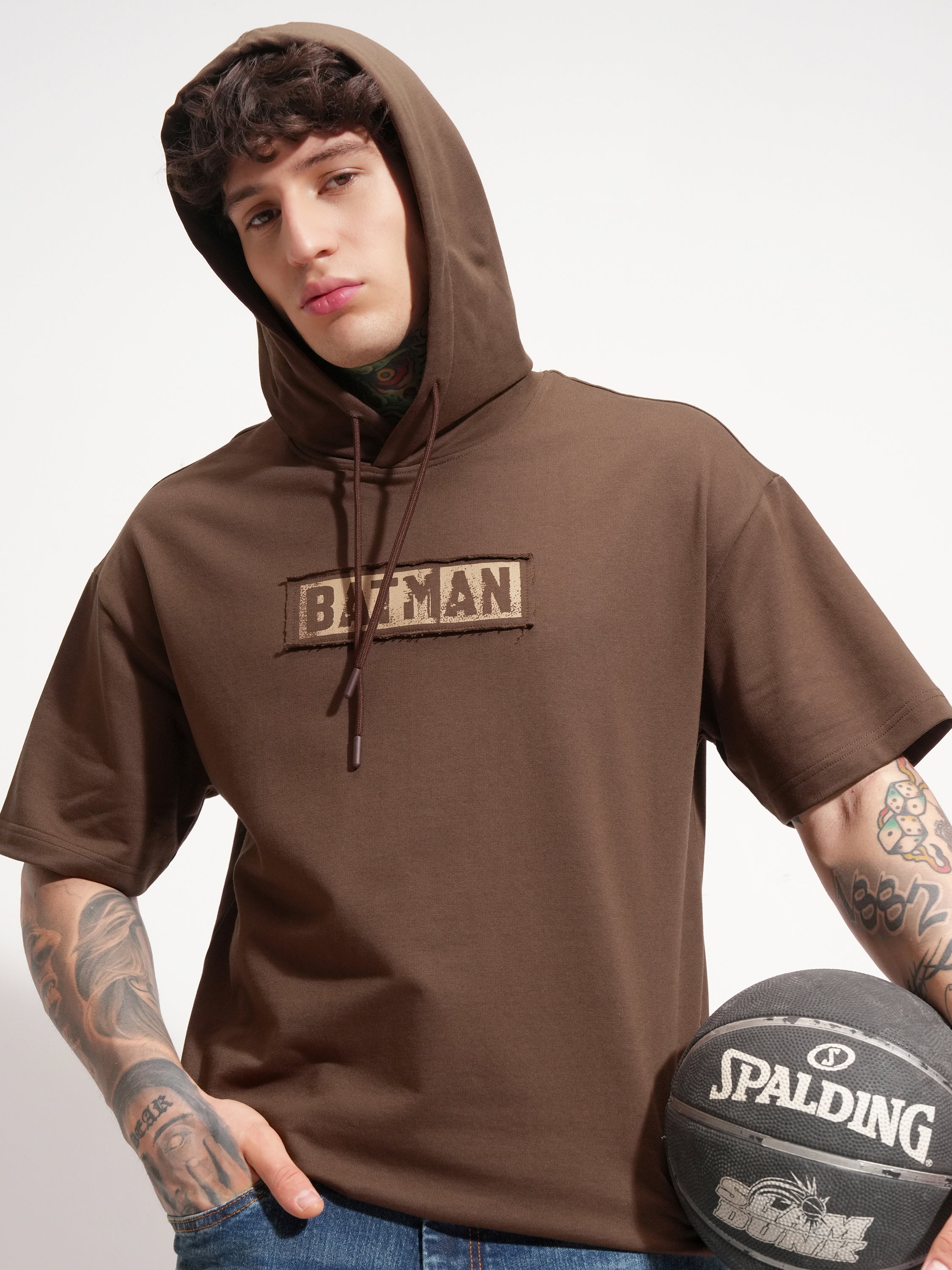 DC By Highlander Men Brown Batman Printed Hood Oversized Fit T-Shirt - Brown - Image 1