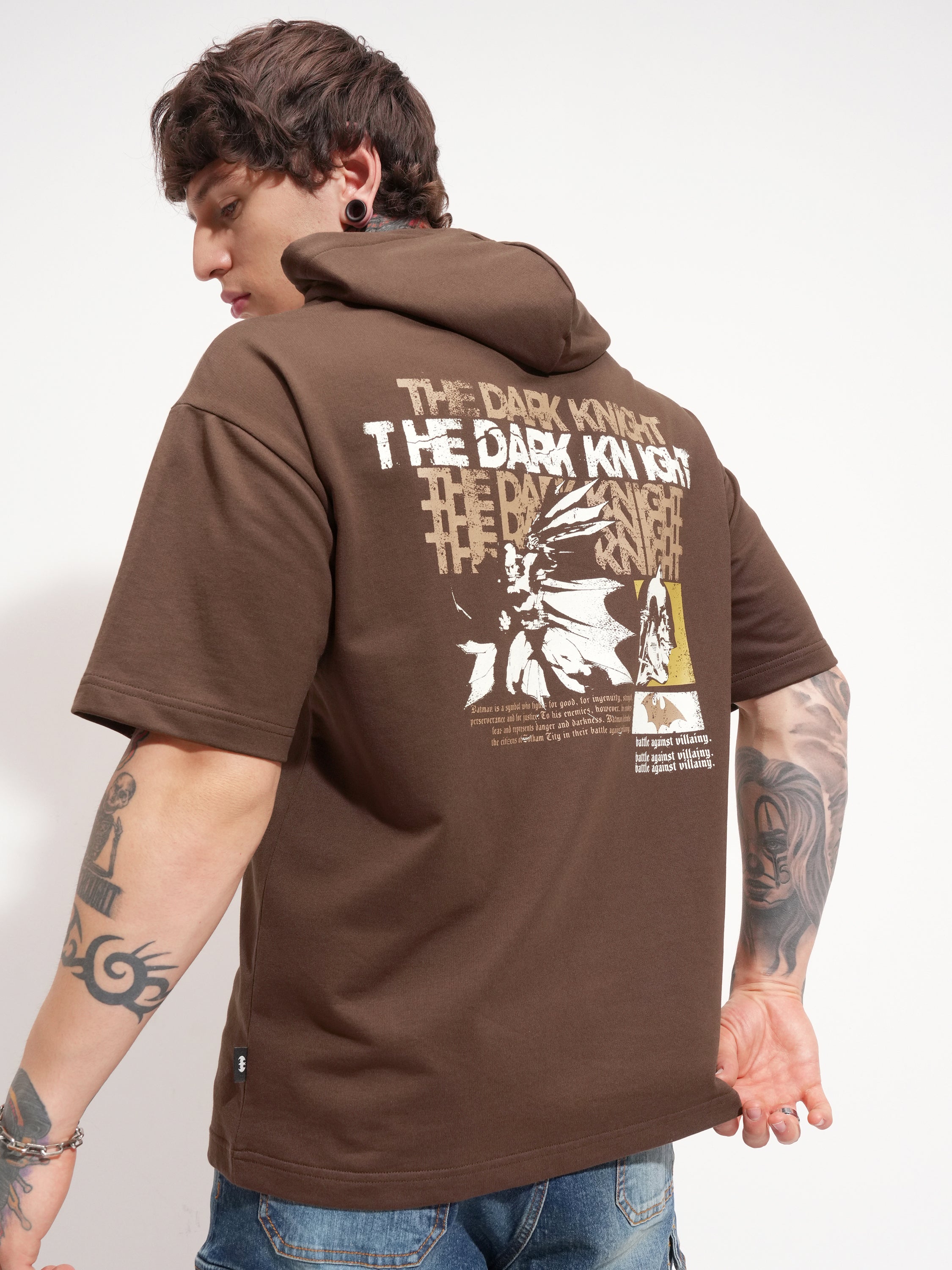 DC By Highlander Men Brown Batman Printed Hood Oversized Fit T-Shirt - Brown - Image 3