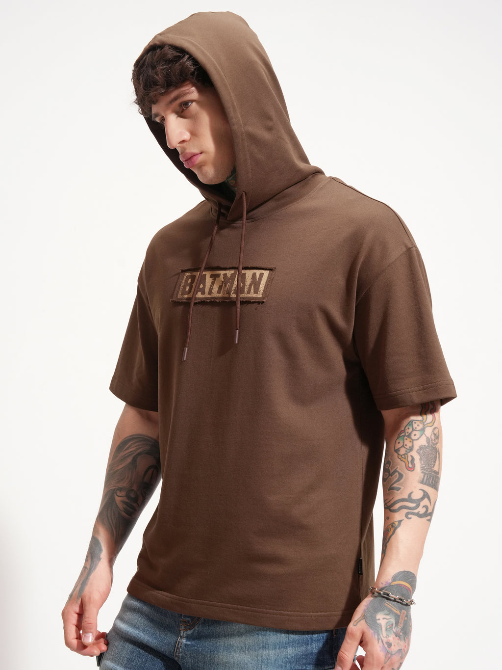 DC By Highlander Men Brown Batman Printed Hood Oversized Fit T-Shirt - Brown - Image 4