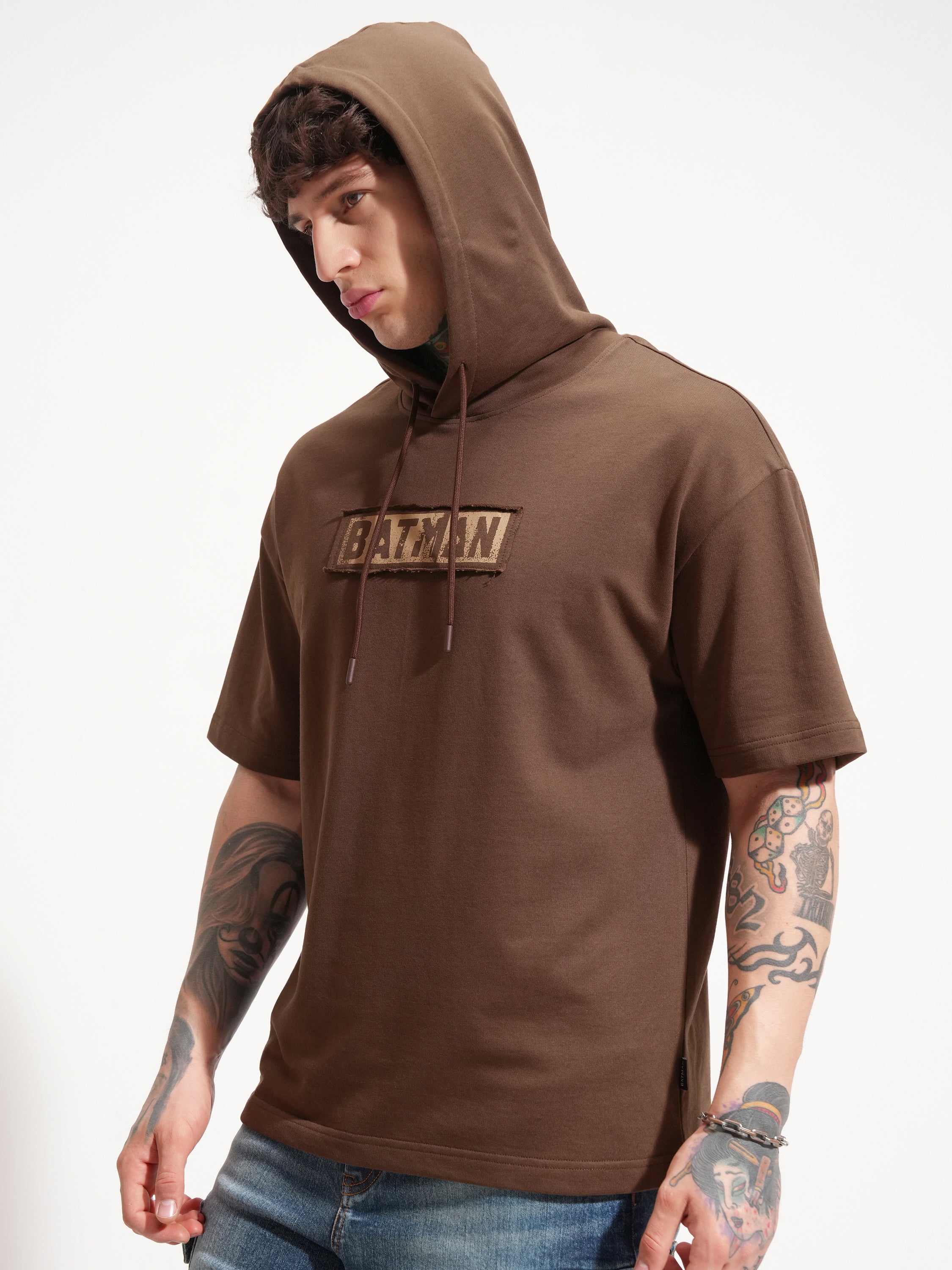 DC By Highlander Men Brown Batman Printed Hood Oversized Fit T-Shirt - Brown - Image 4