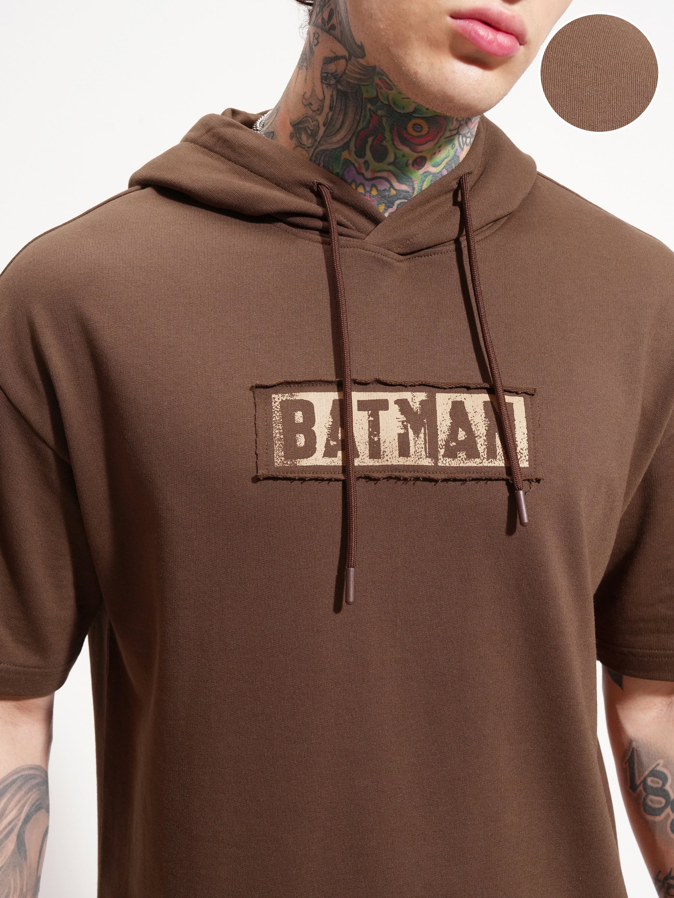 DC By Highlander Men Brown Batman Printed Hood Oversized Fit T-Shirt - Brown - Image 5