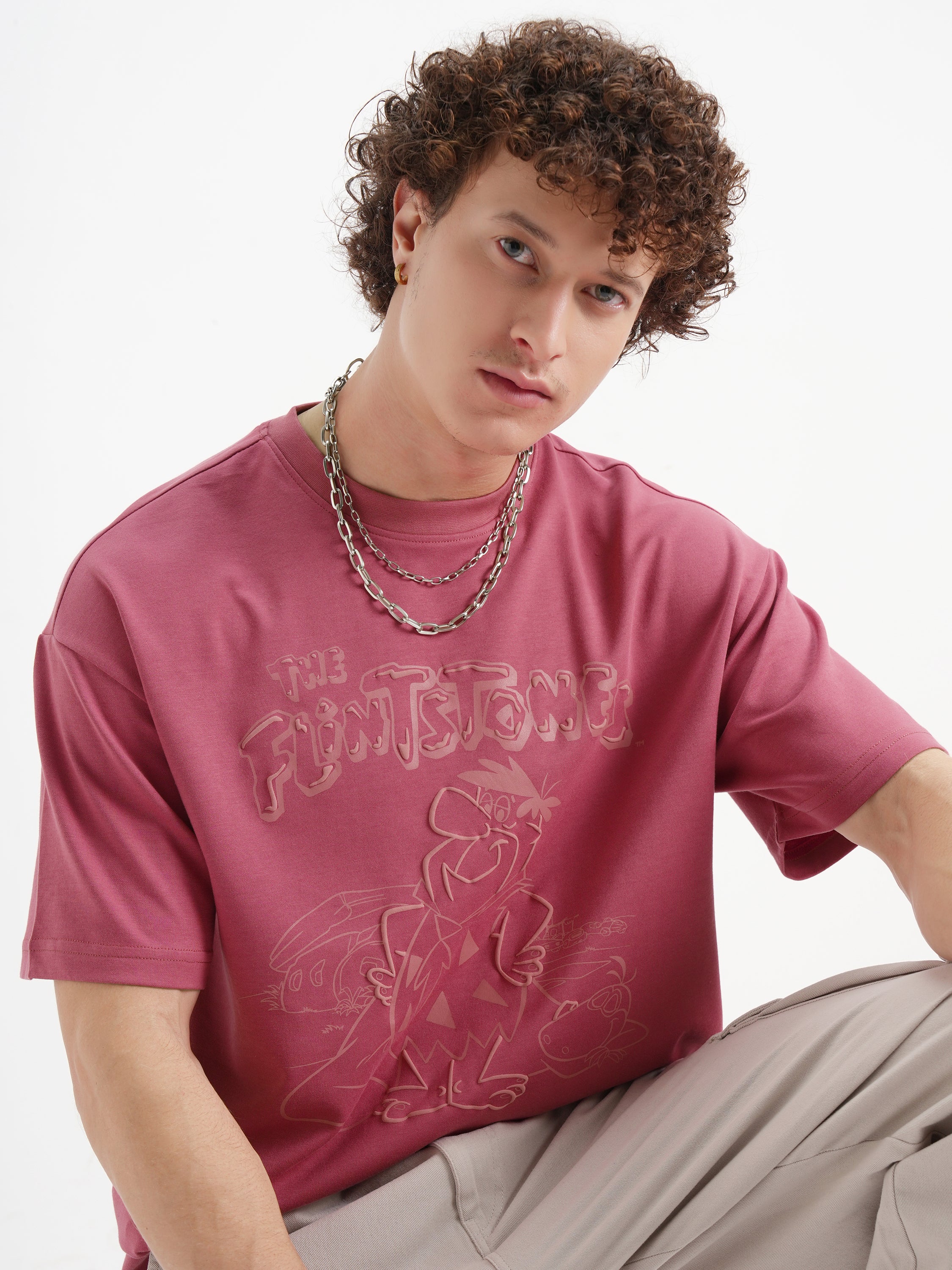 WB By Highlander Men Rust Flintstones Printed Round Neck Oversized Fit T-Shirt - Rust - Image 1
